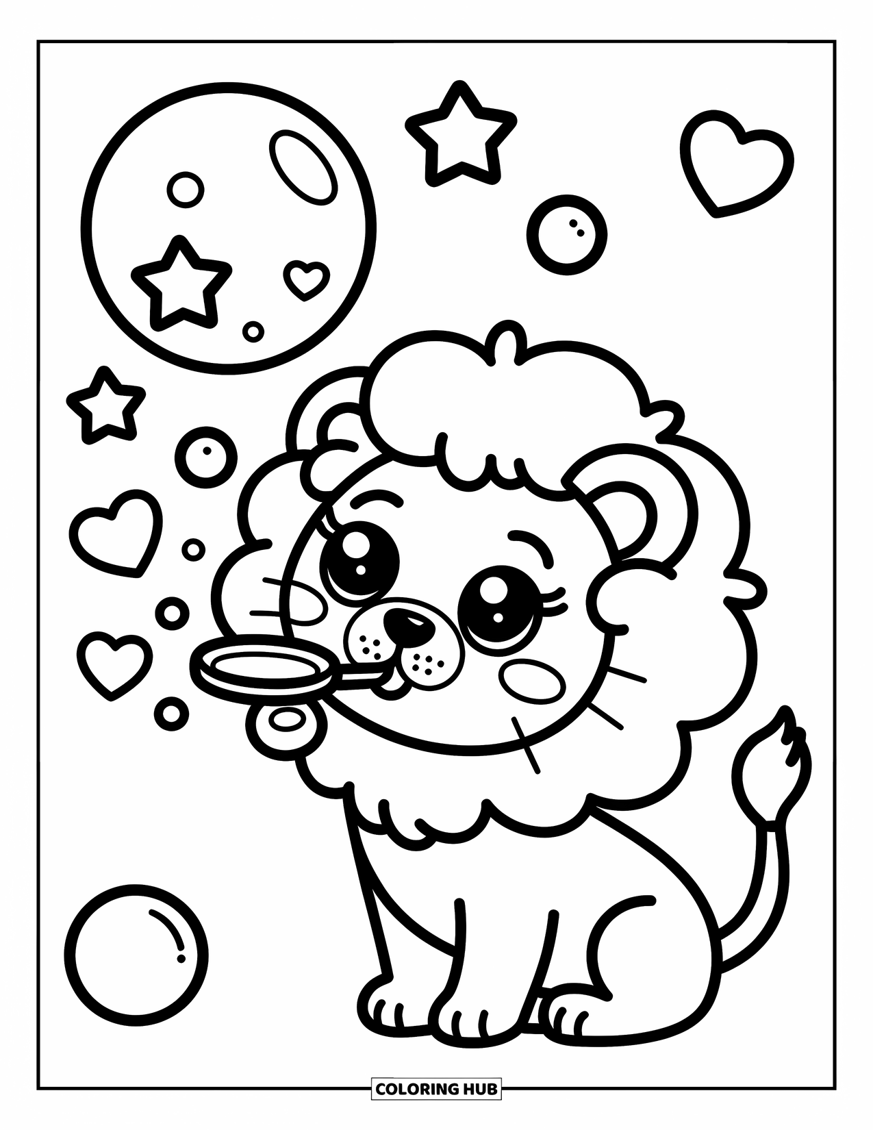 Kolorowanka z lwem dla dorosłych: Puszysty lwiątko puszcza bańki, obserwując, jak unoszą się w figlarnych kształtach, takich jak gwiazdy i serca