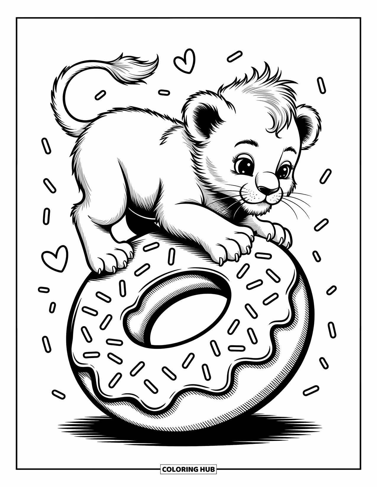 Kolorowanka z lwem dla dorosłych: Lew z puszystą grzywą balansuje na pączku, a jego łapy chwytają krawędź, gdy spogląda w dół