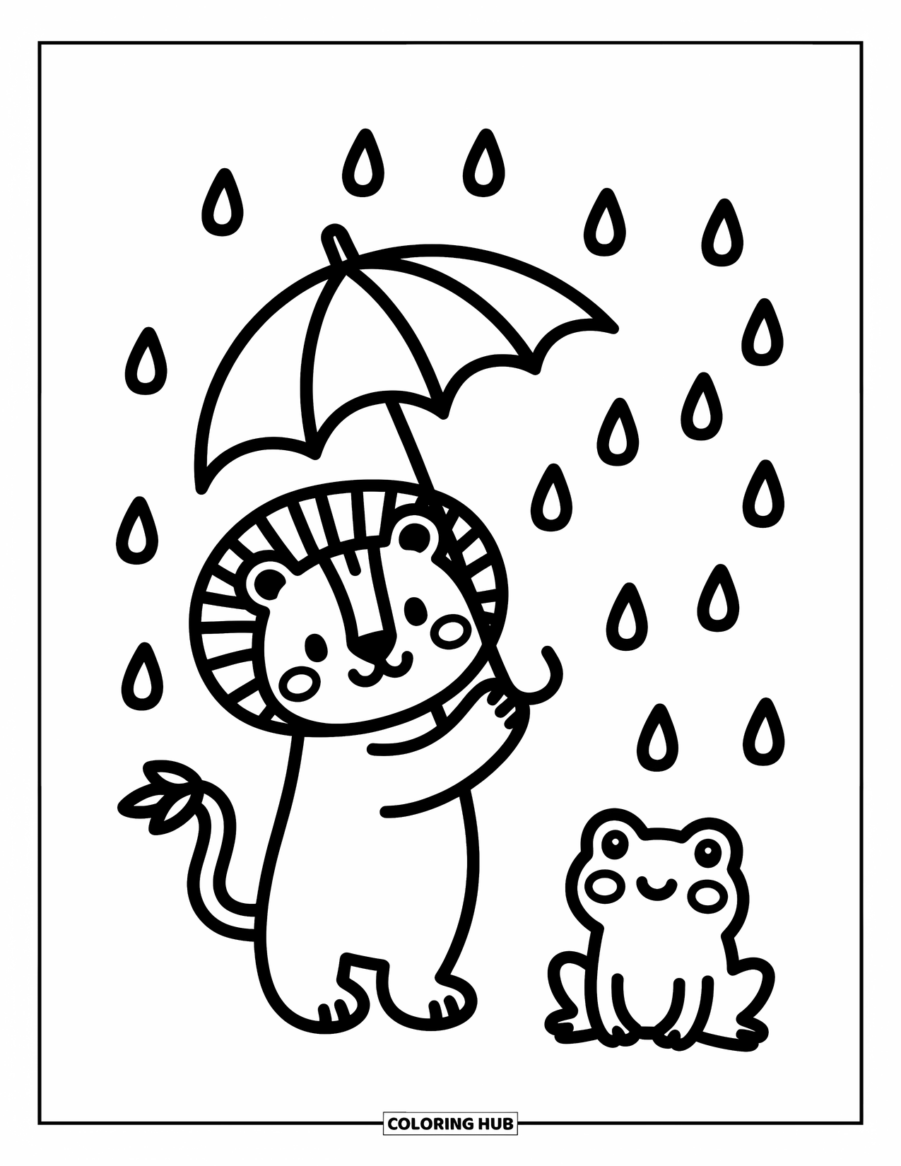 Kolorowanka z lwem dla dorosłych: Lew z puszystą grzywą trzyma parasol z liścia, dzieląc deszczową chwilę z małą żabą