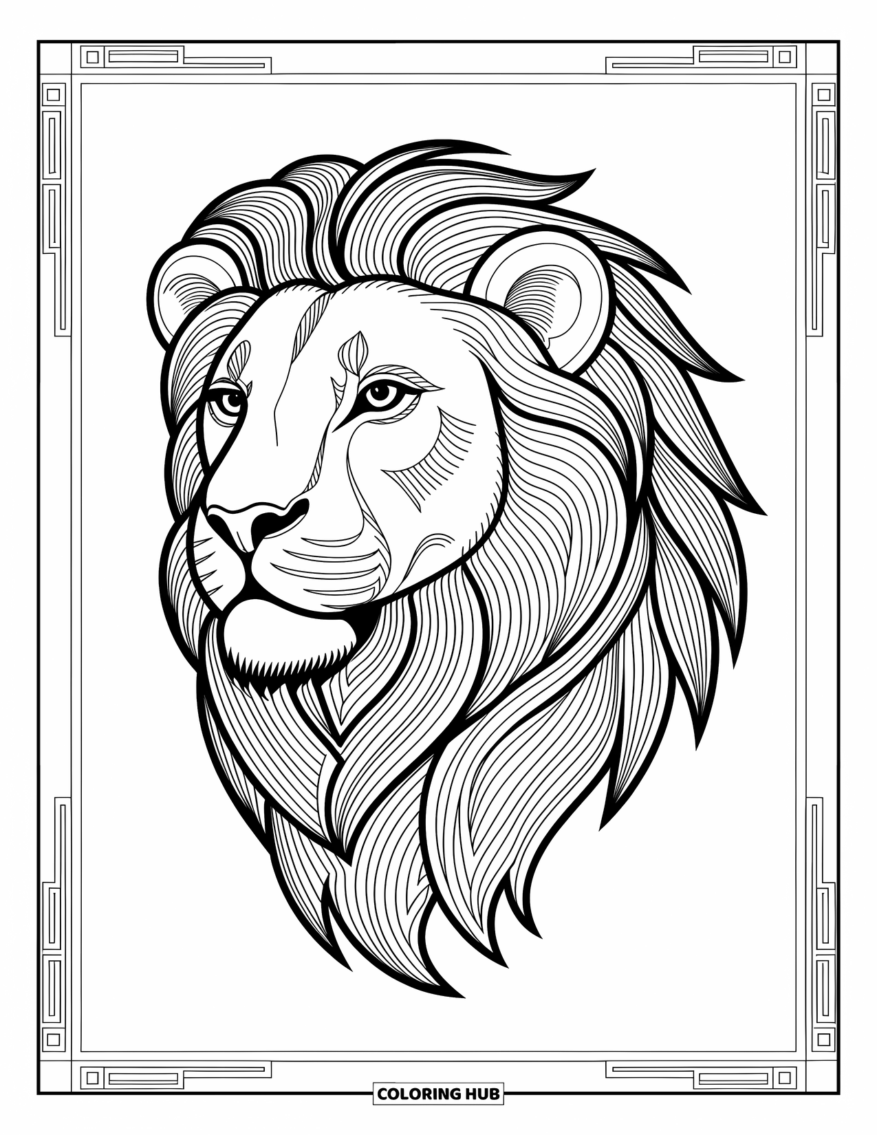 Kolorowanka z lwem dla dorosłych: Bardzo szczegółowa lwia grzywa płynie z wirującymi, splecionymi wzorami i delikatnymi elementami artystycznymi