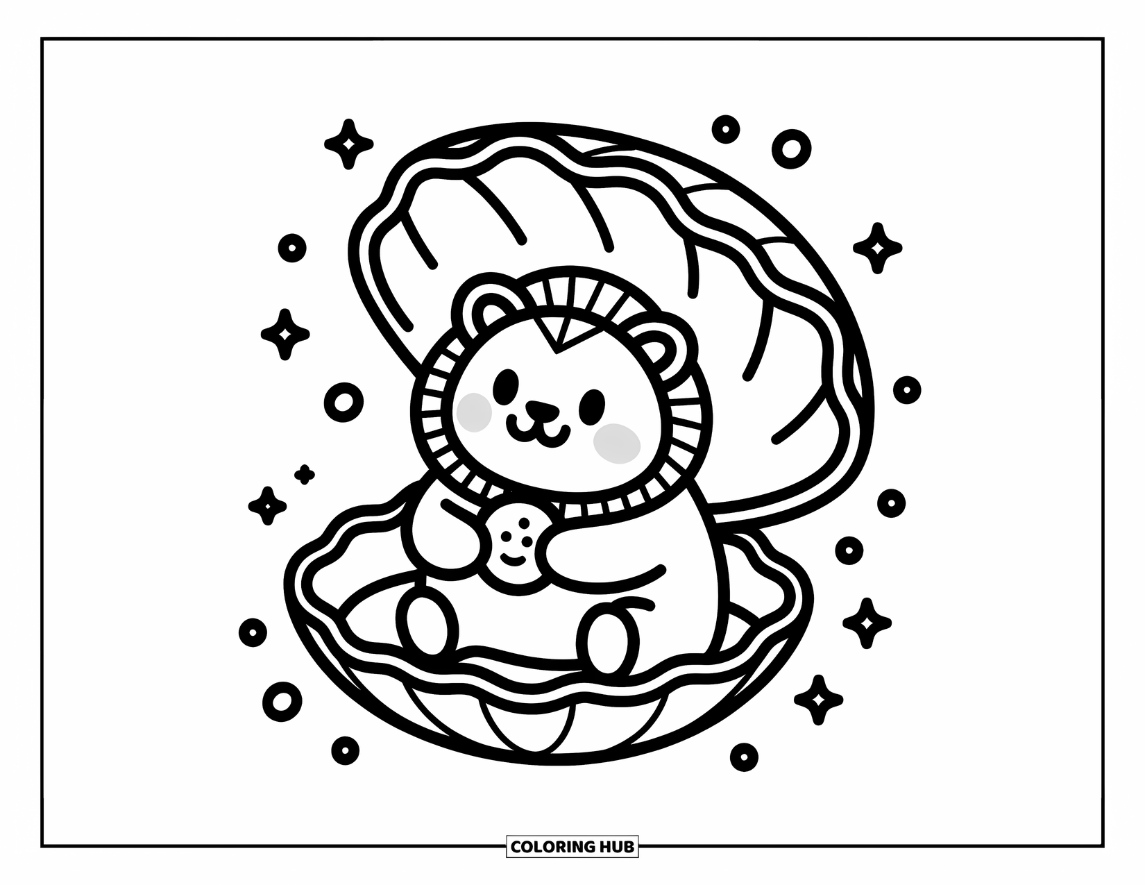 Kolorowanka z lwem dla dorosłych: Lew kawaii przytulnie odpoczywa w otwartej muszli, trzymając maleńką perłę z delikatnym uśmiechem