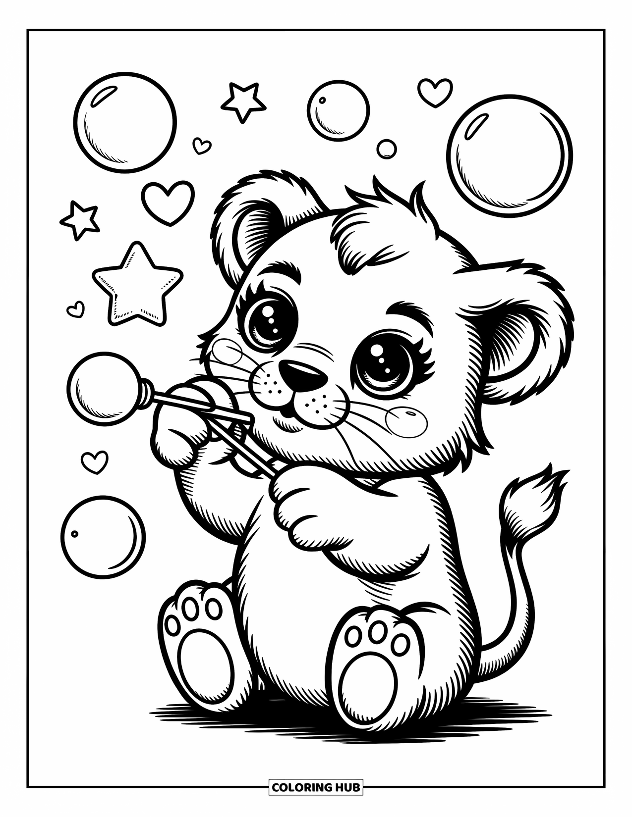 Kolorowanka z lwem dla dorosłych: Lwiątko siedzi szczęśliwie, puszczając bańki, które zamieniają się w maleńkie gwiazdy i serca w powietrzu