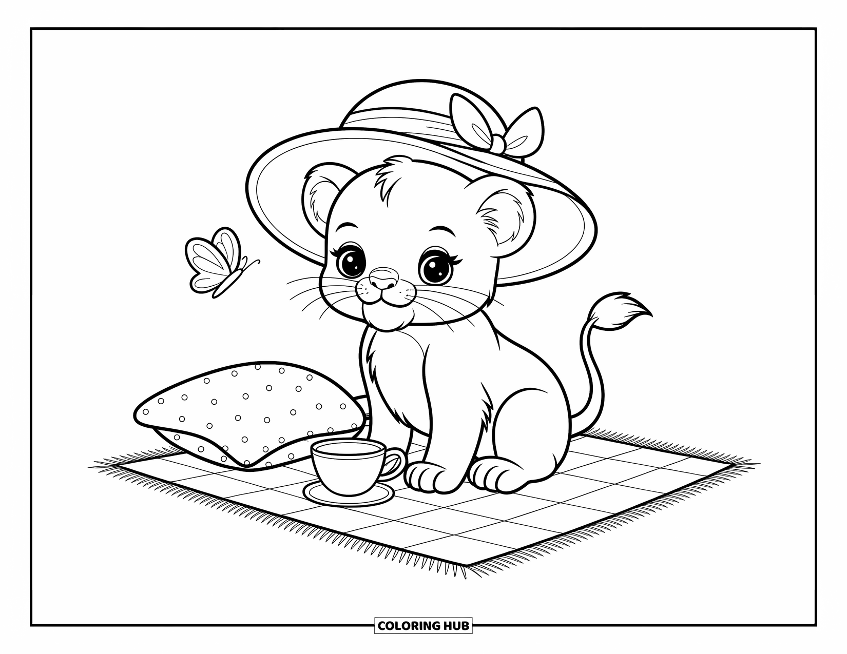 Kolorowanka z lwem dla dorosłych: Lew w kapeluszu przeciwsłonecznym siedzi na kocu piknikowym, popijając herbatę, gdy w pobliżu trzepocze motyl