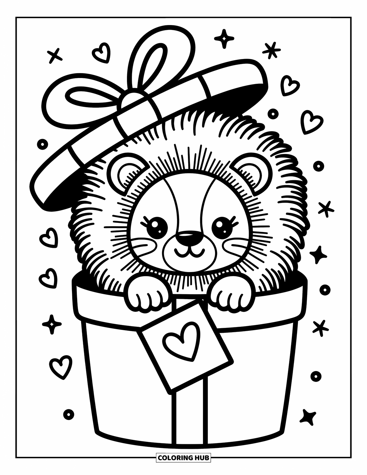Kolorowanka z lwem dla dorosłych: Lew z dużą wstążką na uszach wygląda z pudełka na prezent, gdy wokół wiruje konfetti