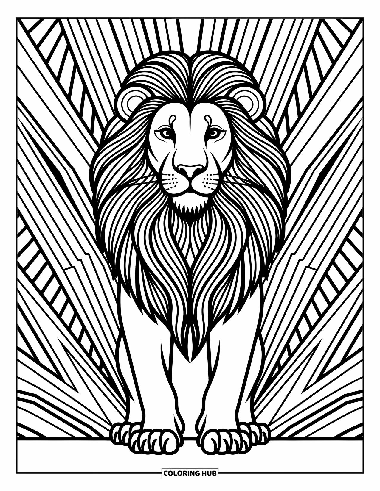 Kolorowanka z lwem dla dorosłych: Lew ze szczegółową, symetryczną grzywą jest otoczony eleganckimi geometrycznymi i plemiennymi wzorami