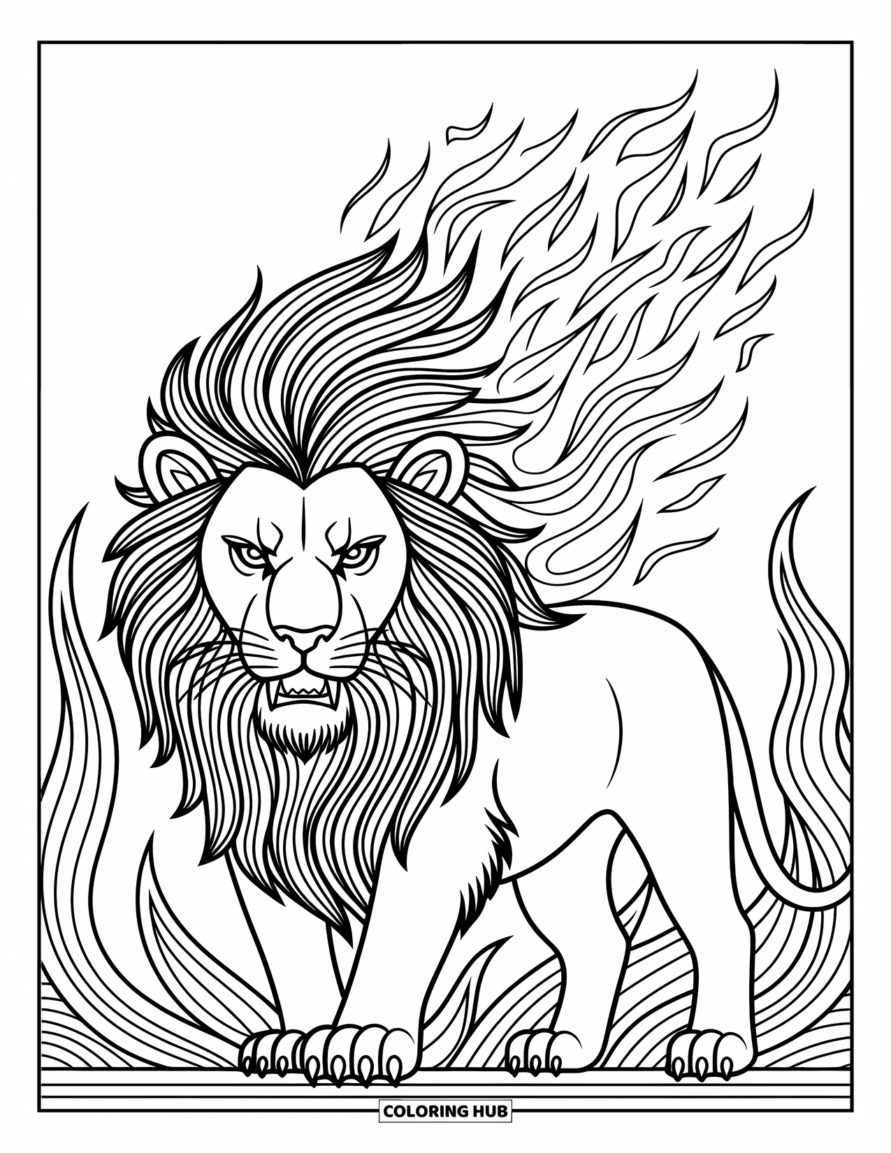 Kolorowanka z lwem dla dorosłych: Lew z płynącą, ognistą grzywą stoi na tle skomplikowanego, artystycznego tła