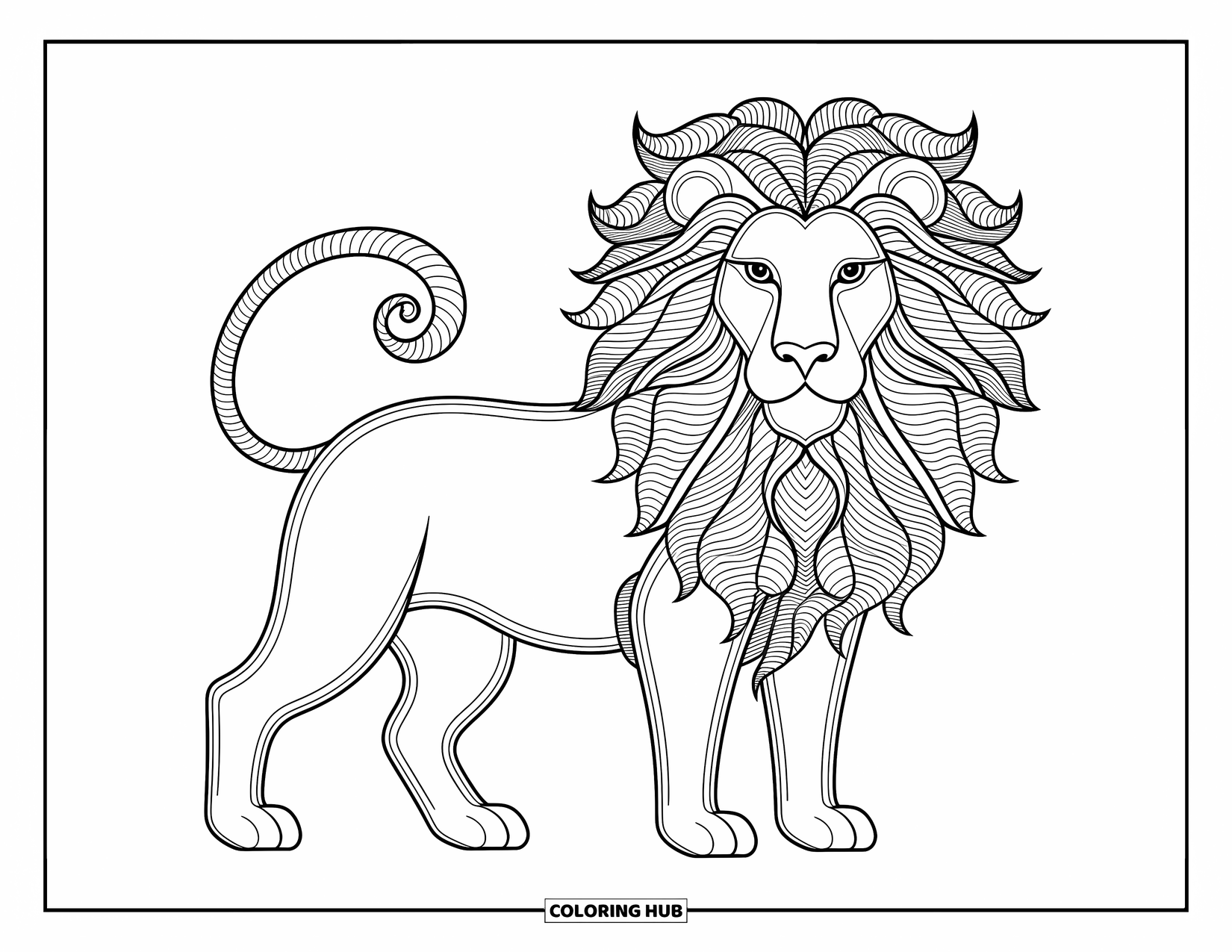 Kolorowanka z lwem dla dorosłych: Lew z ozdobną, wzorzystą grzywą otoczony jest skomplikowanymi i artystycznymi detalami
