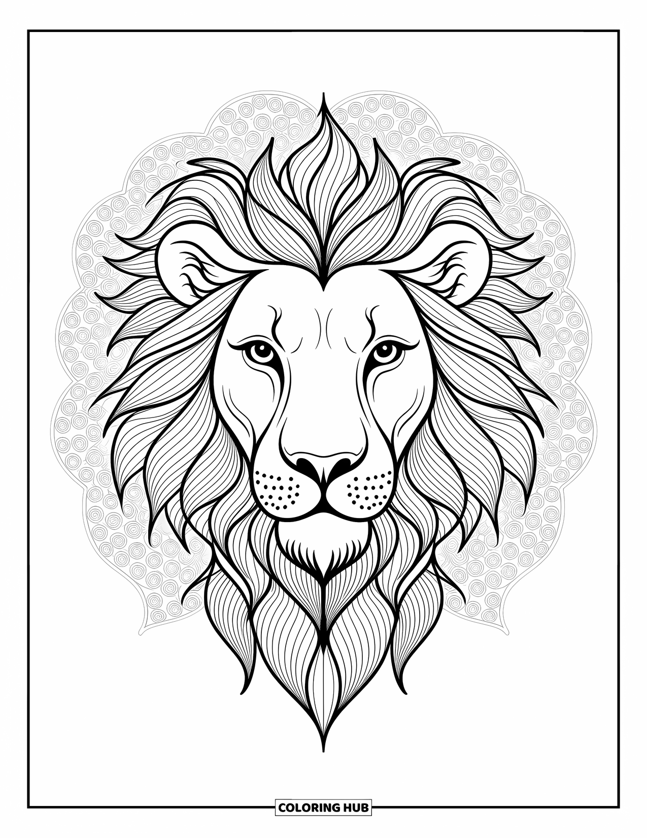 Kolorowanka z lwem dla dorosłych: Głowa lwa z wirującymi wzorami mandali tworzy hipnotyzujący i artystyczny wzór