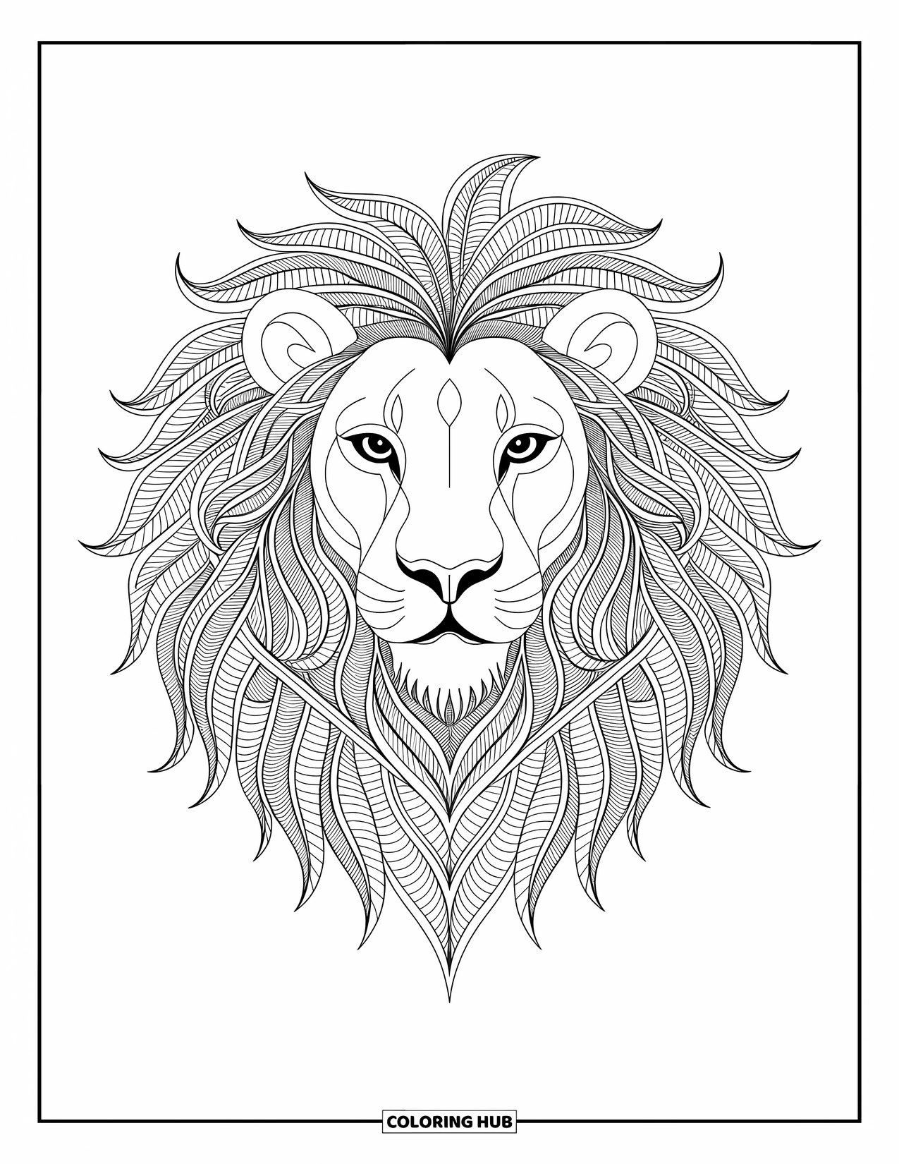 Kolorowanka z lwem dla dorosłych: Intensywne spojrzenie lwa jest otoczone wirującymi, splecionymi wzorami w oszałamiającej kompozycji