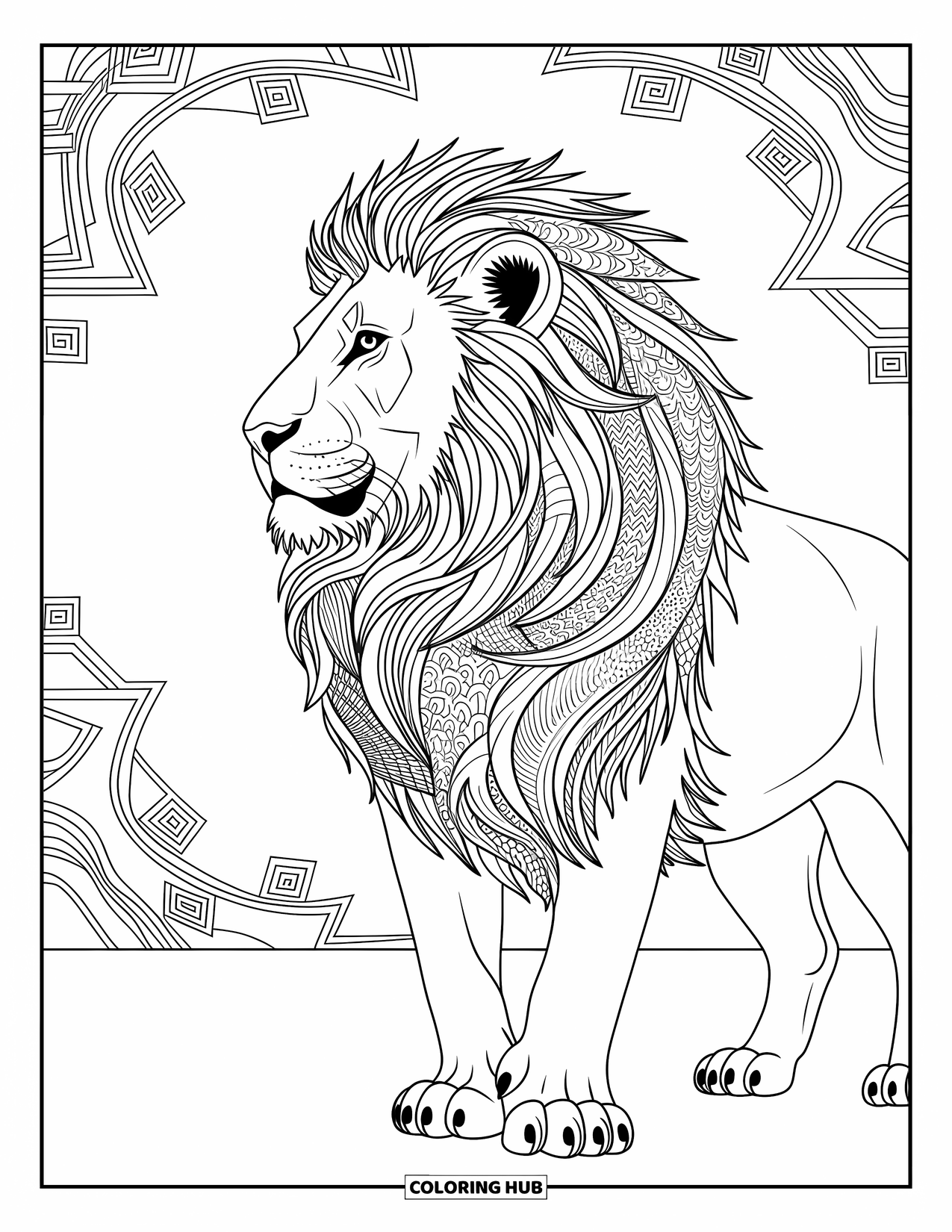 Kolorowanka z lwem dla dorosłych: Majestatyczny lew z profilu, którego grzywa wpleciona jest w abstrakcyjne wzory, promieniuje wdziękiem i wyrafinowaniem