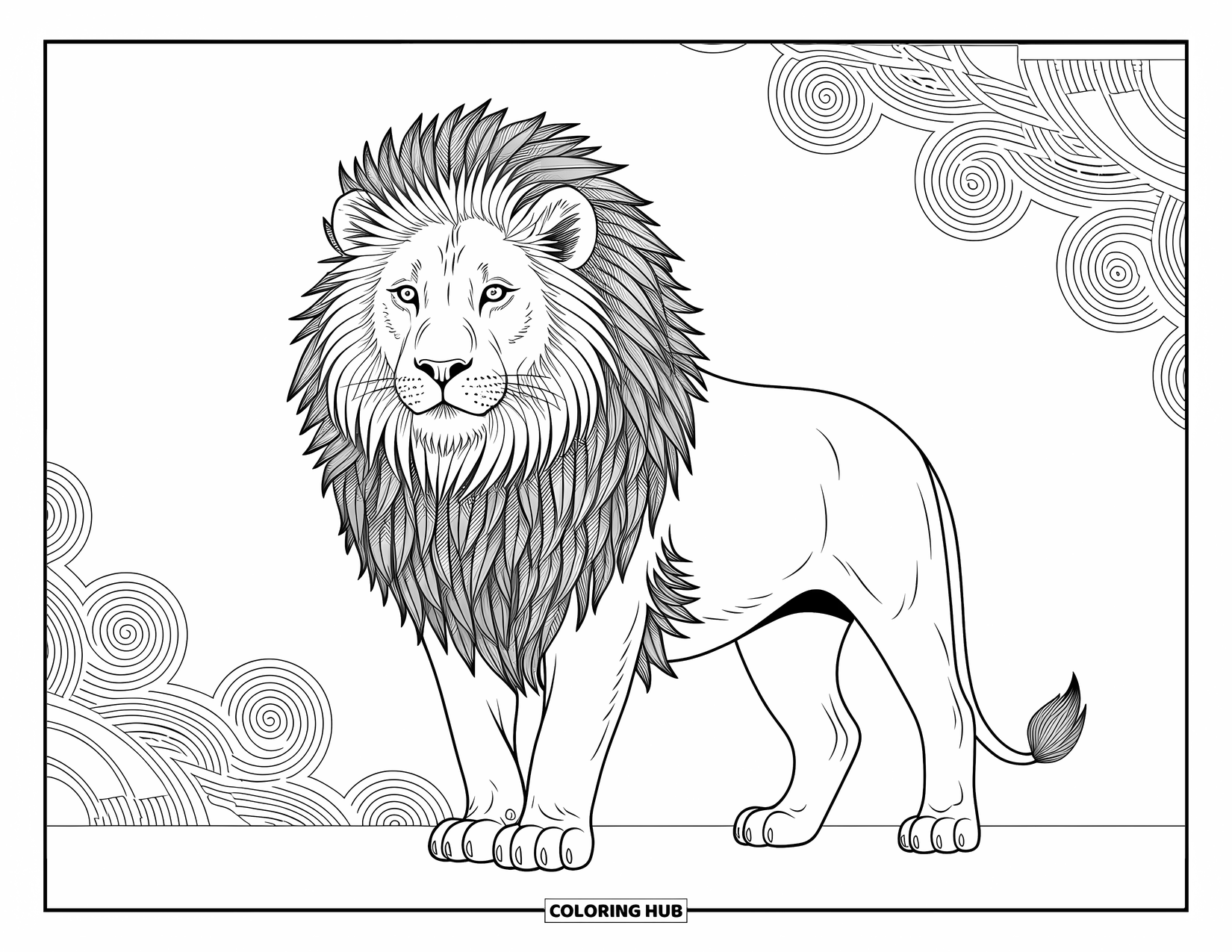Kolorowanka z lwem dla dorosłych: Majestatyczny lew stoi dumnie, a jego grzywa z warstwowych piór powiewa w misternych wzorach
