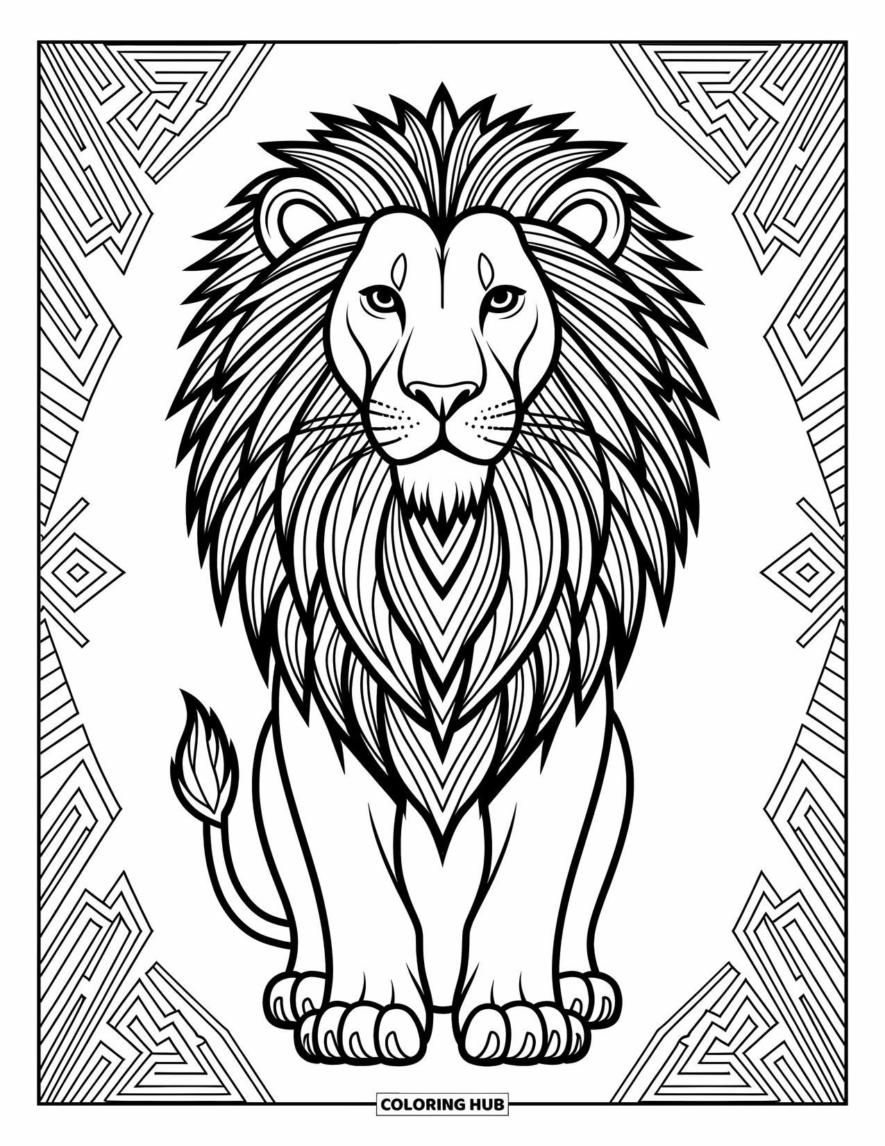 Kolorowanka z lwem dla dorosłych: Majestatyczny lew stoi dumnie, a jego symetryczna grzywa płynie ze skomplikowanymi wzorami art deco i plemiennymi