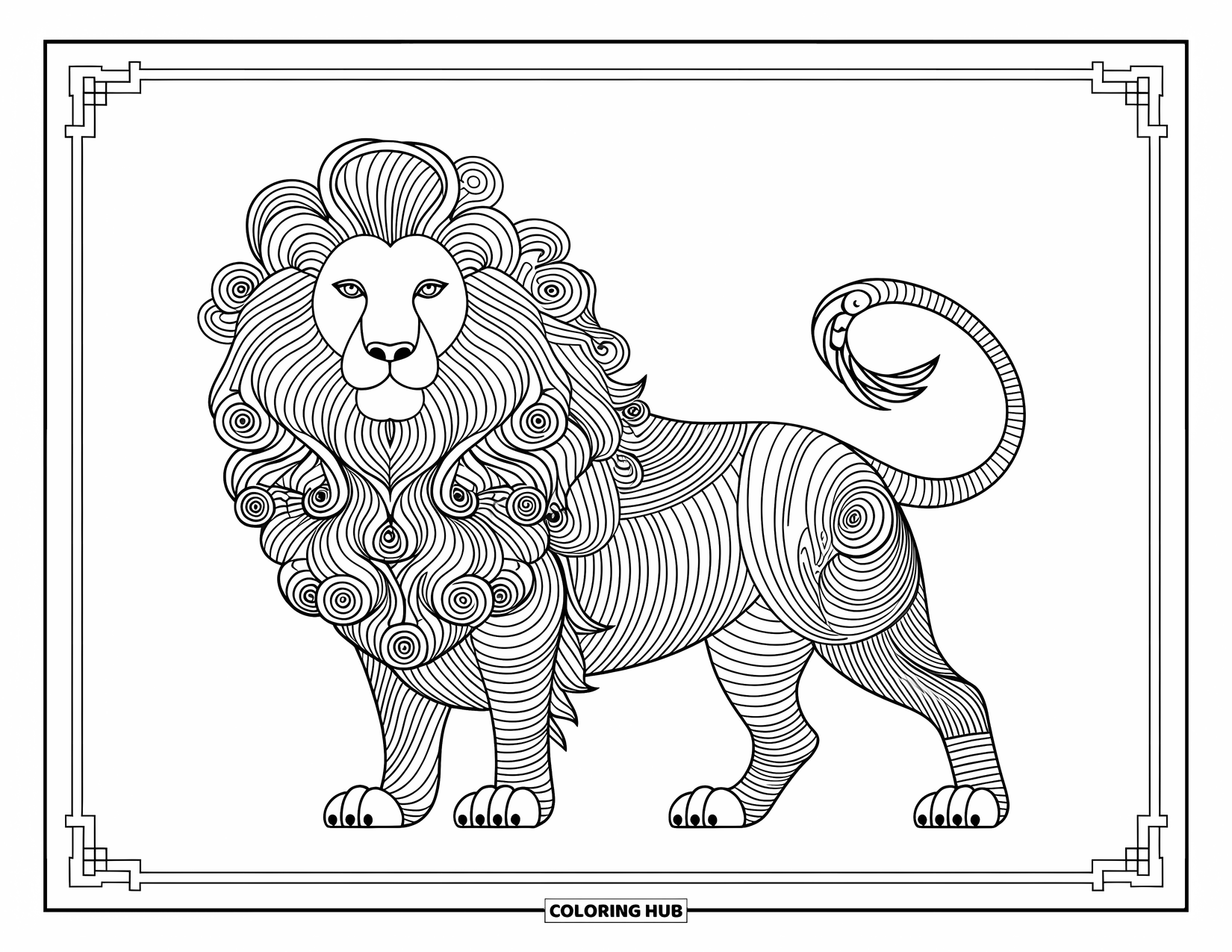 Kolorowanka z lwem dla dorosłych: Majestatyczny lew stoi wysoko, a jego wirująca grzywa jest wypełniona skomplikowanymi i hipnotyzującymi wzorami