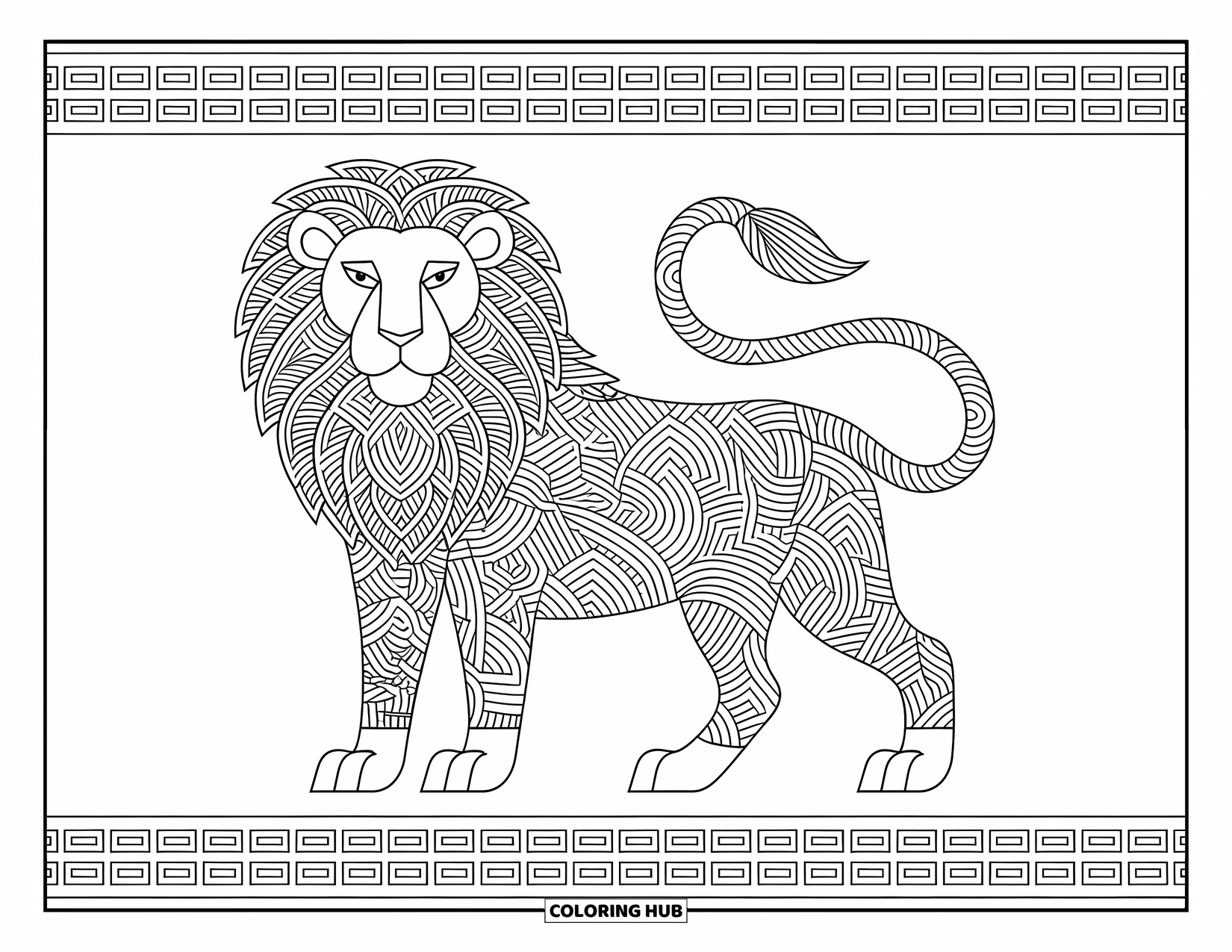 Kolorowanka z lwem dla dorosłych: Majestatyczny lew ze splecionymi wzorami na całym ciele stoi w pełnej gracji i mocy pozie