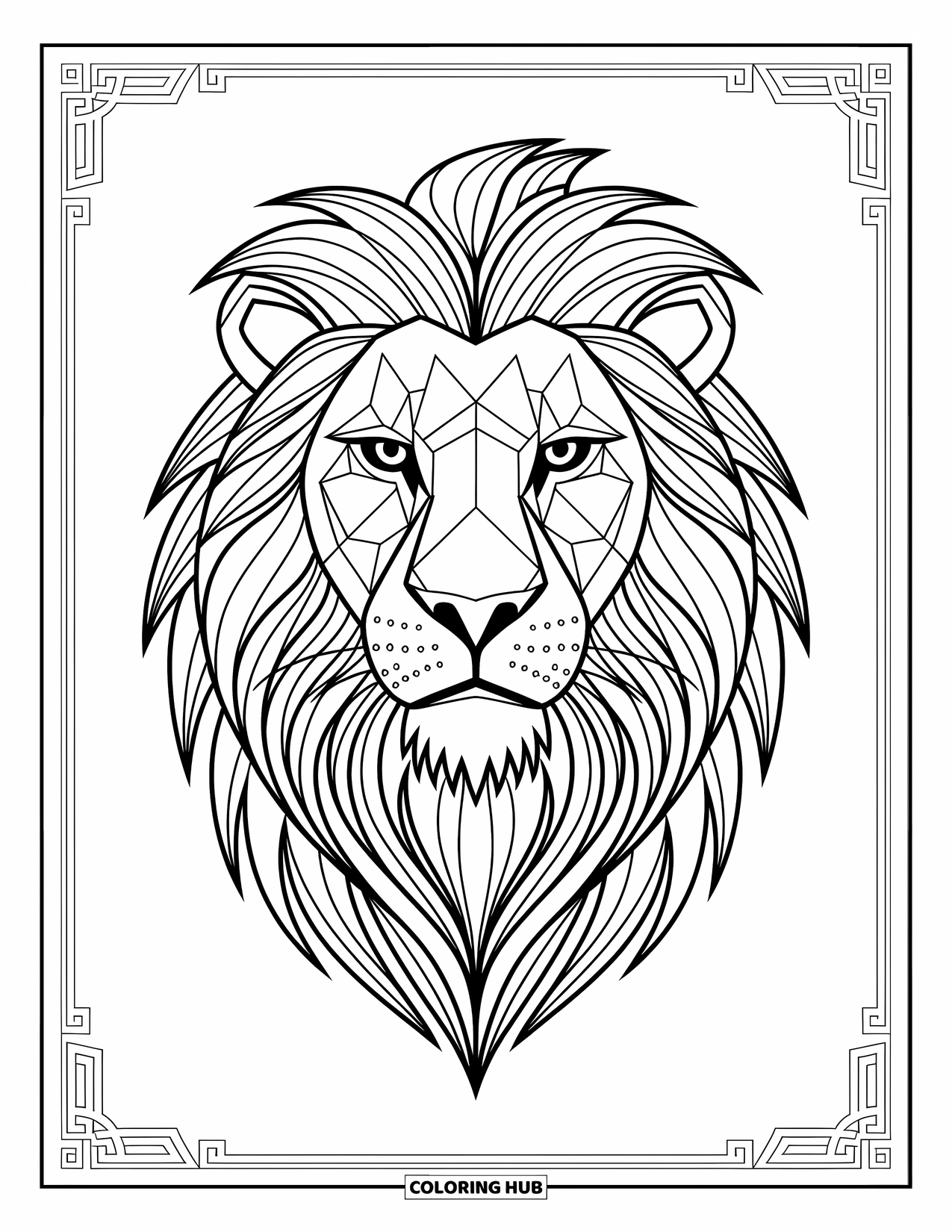 Kolorowanka z lwem dla dorosłych: Majestatyczna lwia twarz, ozdobiona geometrycznymi detalami, promieniuje siłą i pięknem