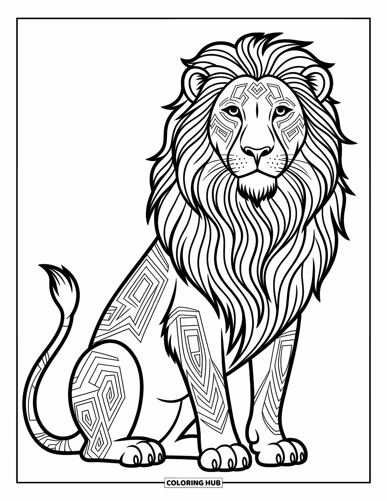 Kolorowanka z lwem dla dorosłych: Szlachetny lew ze skomplikowanymi plemiennymi znakami siedzi wysoko, emanując siłą i elegancją