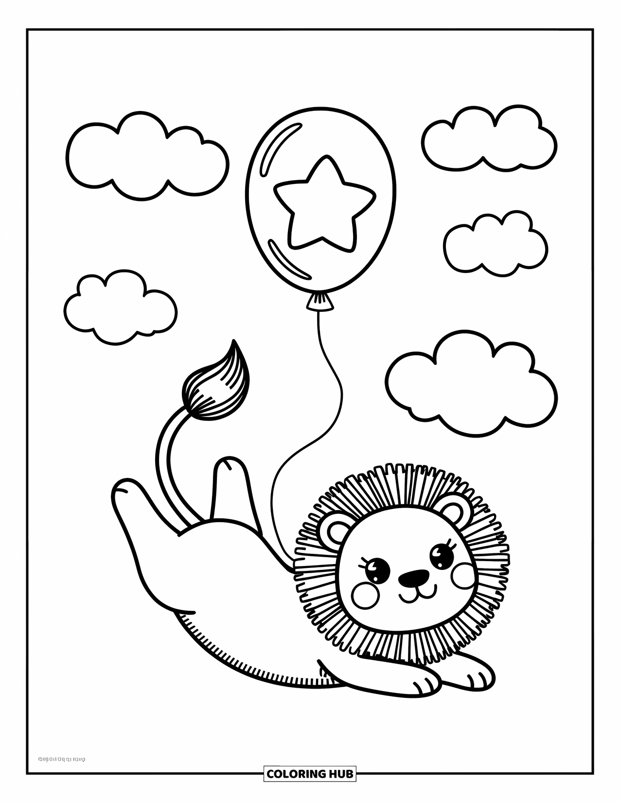 Kolorowanka z lwem dla dorosłych: Figlarny lew wyciąga się w stronę maleńkiego balonu w kształcie gwiazdy, a jego puszysty ogon zwija się z podekscytowania