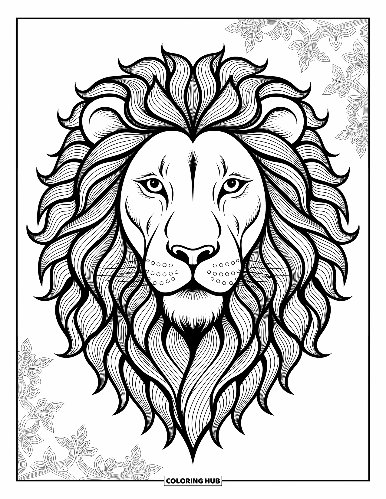 Kolorowanka z lwem dla dorosłych: Potężna lwia twarz łączy wzory inspirowane mandalą z płynnymi, artystycznymi wzorami