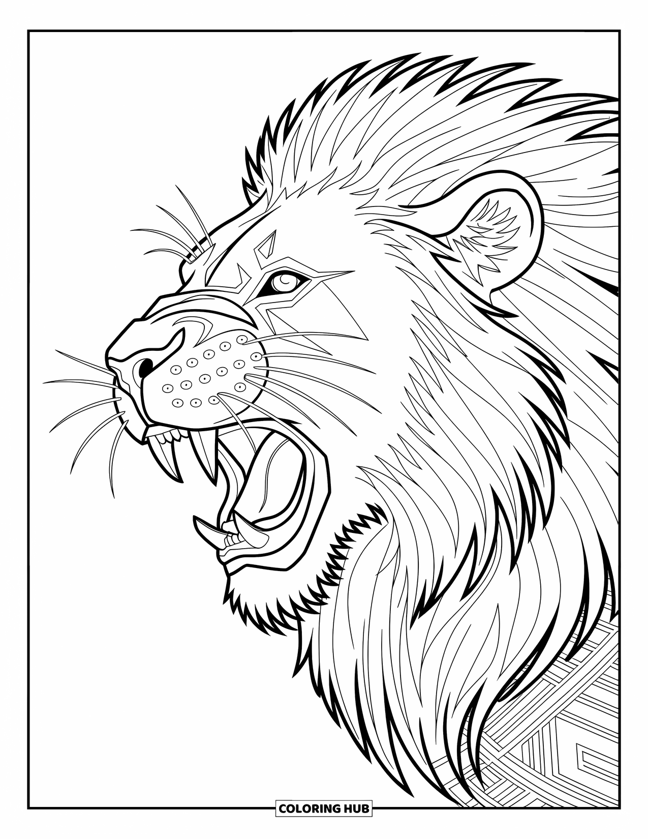 Kolorowanka z lwem dla dorosłych: Dumny lew ze szczegółową, ozdobną grzywą otoczony jest artystycznymi wzorami