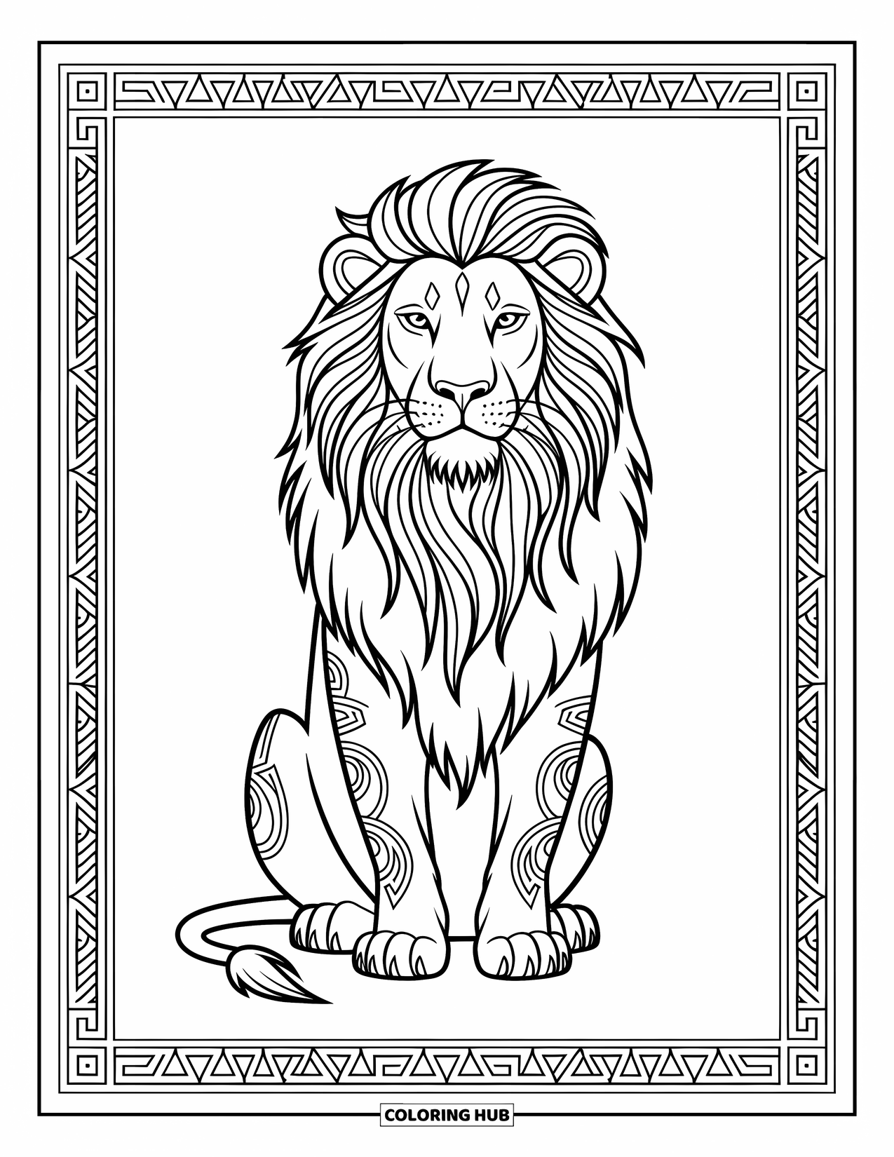 Kolorowanka z lwem dla dorosłych: Dostojny lew siedzi wyprostowany, a jego płynąca grzywa rozkłada się jak majestatyczna korona