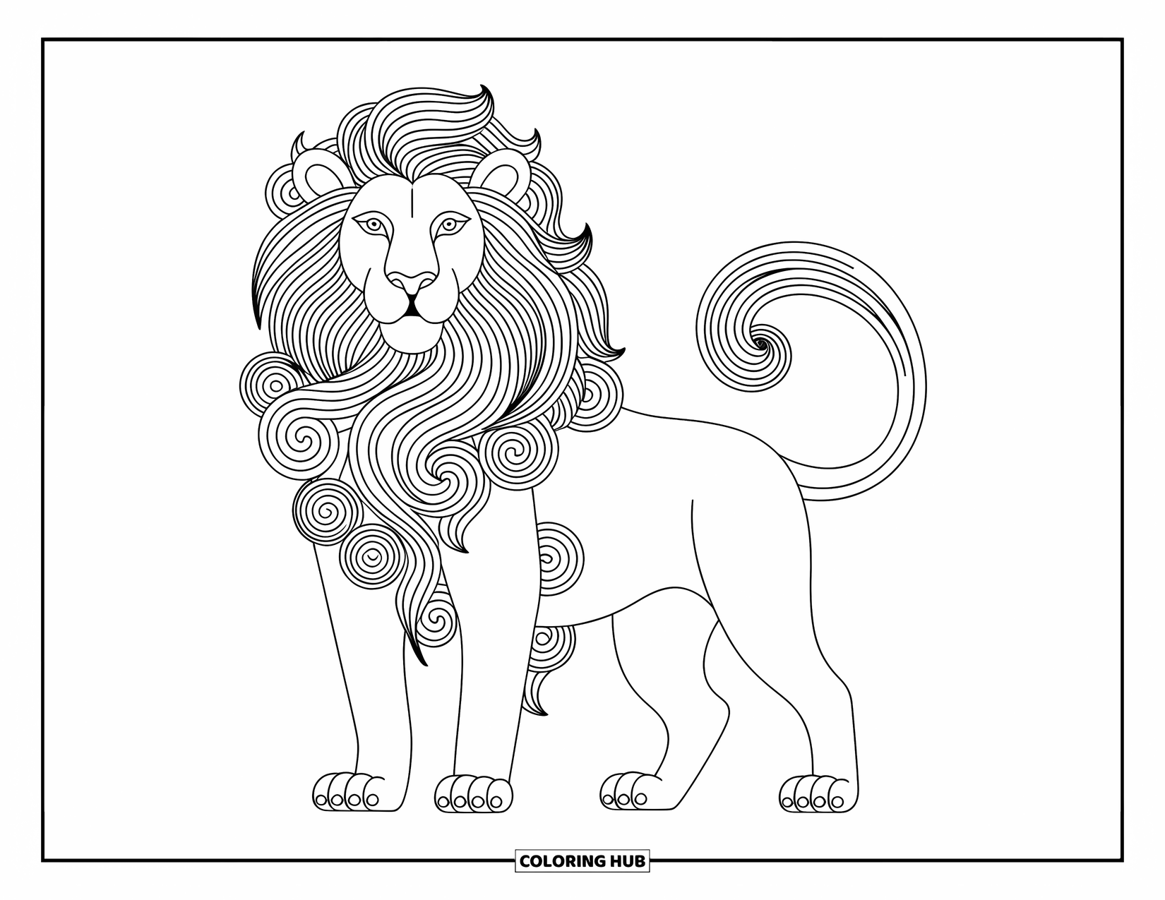 Kolorowanka z lwem dla dorosłych: Królewski lew z powiewającą, dekoracyjną grzywą emanuje elegancją i siłą