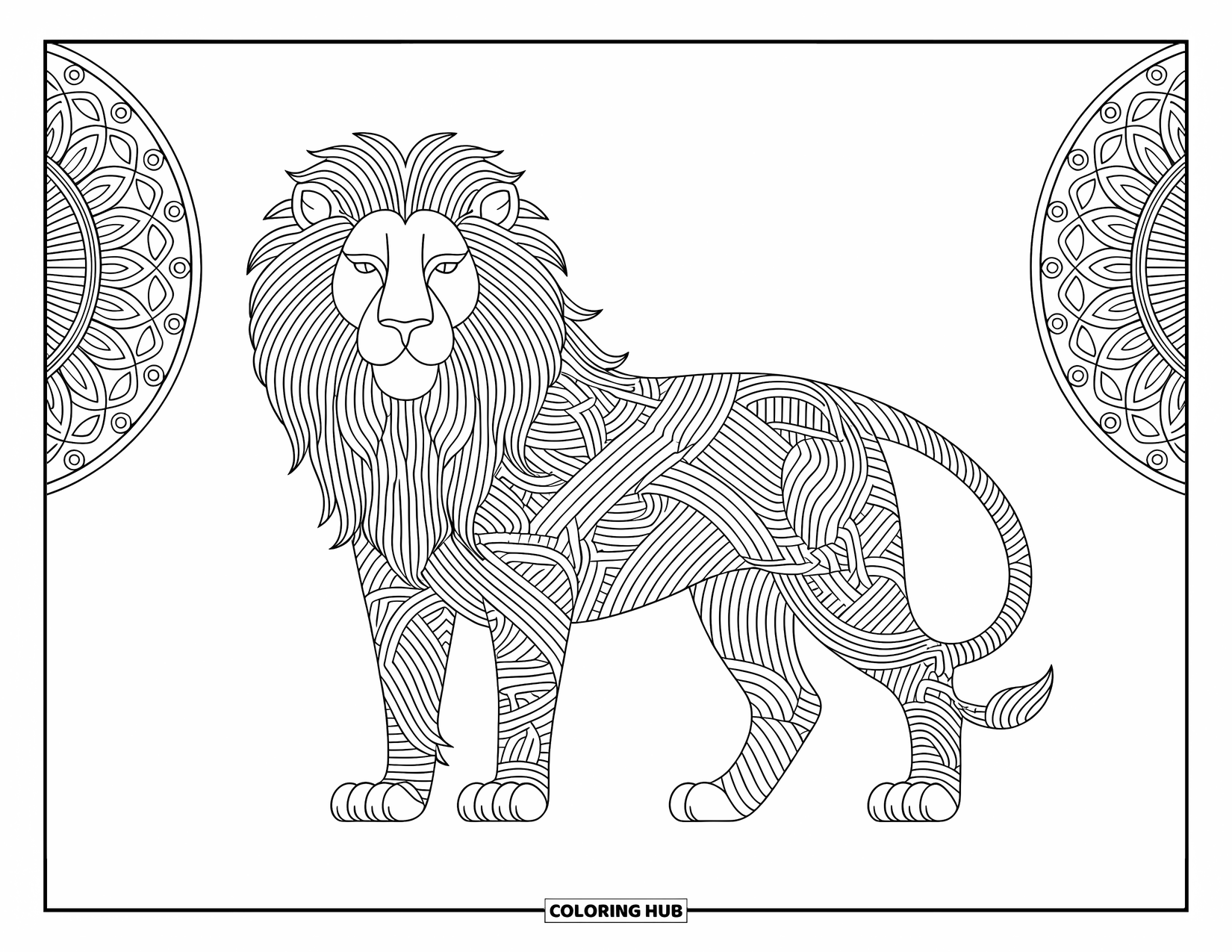 Kolorowanka z lwem dla dorosłych: Dostojny lew z grzywą o skomplikowanych wzorach stoi wysoko, emanując mądrością i siłą