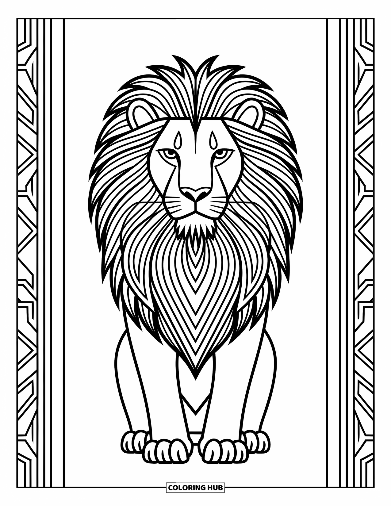 Kolorowanka z lwem dla dorosłych: Królewski lew z ozdobną, wzorzystą grzywą emanuje siłą i elegancją