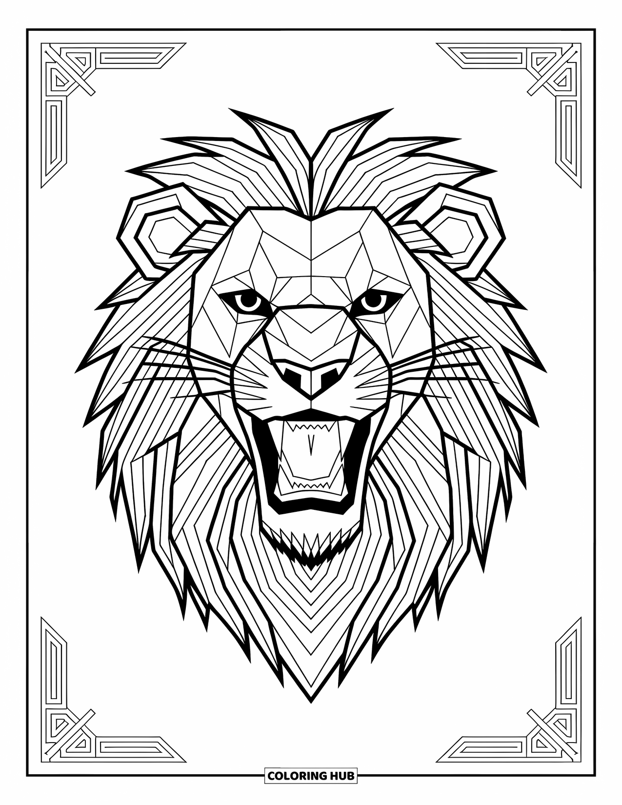 Kolorowanka z lwem dla dorosłych: Głowa ryczącego lwa ze skomplikowanymi geometrycznymi wzorami oddaje moc i intensywność