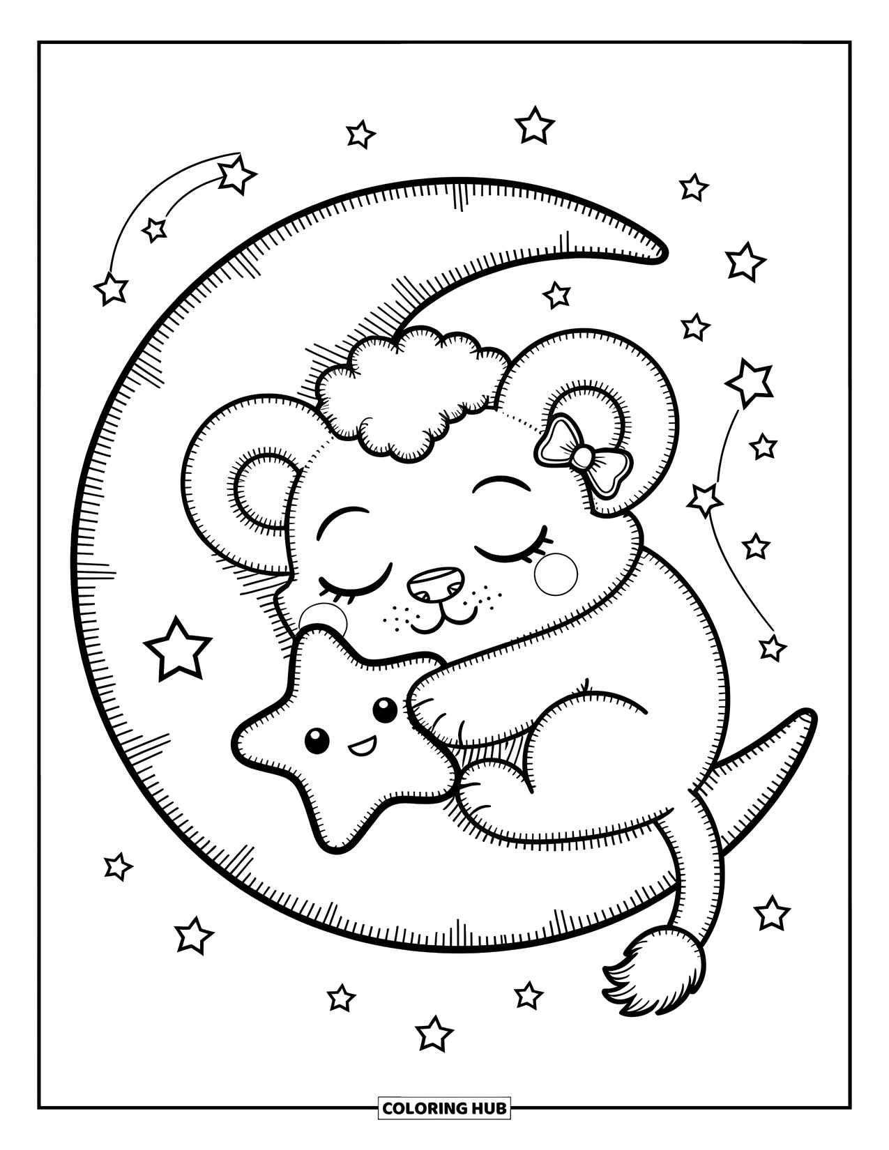 Kolorowanka z lwem dla dorosłych: Śpiący lwiątko drzemie na poduszce w kształcie półksiężyca, przytulając pluszową gwiazdkę z maleńkimi, niebiańskimi iskierkami wokół