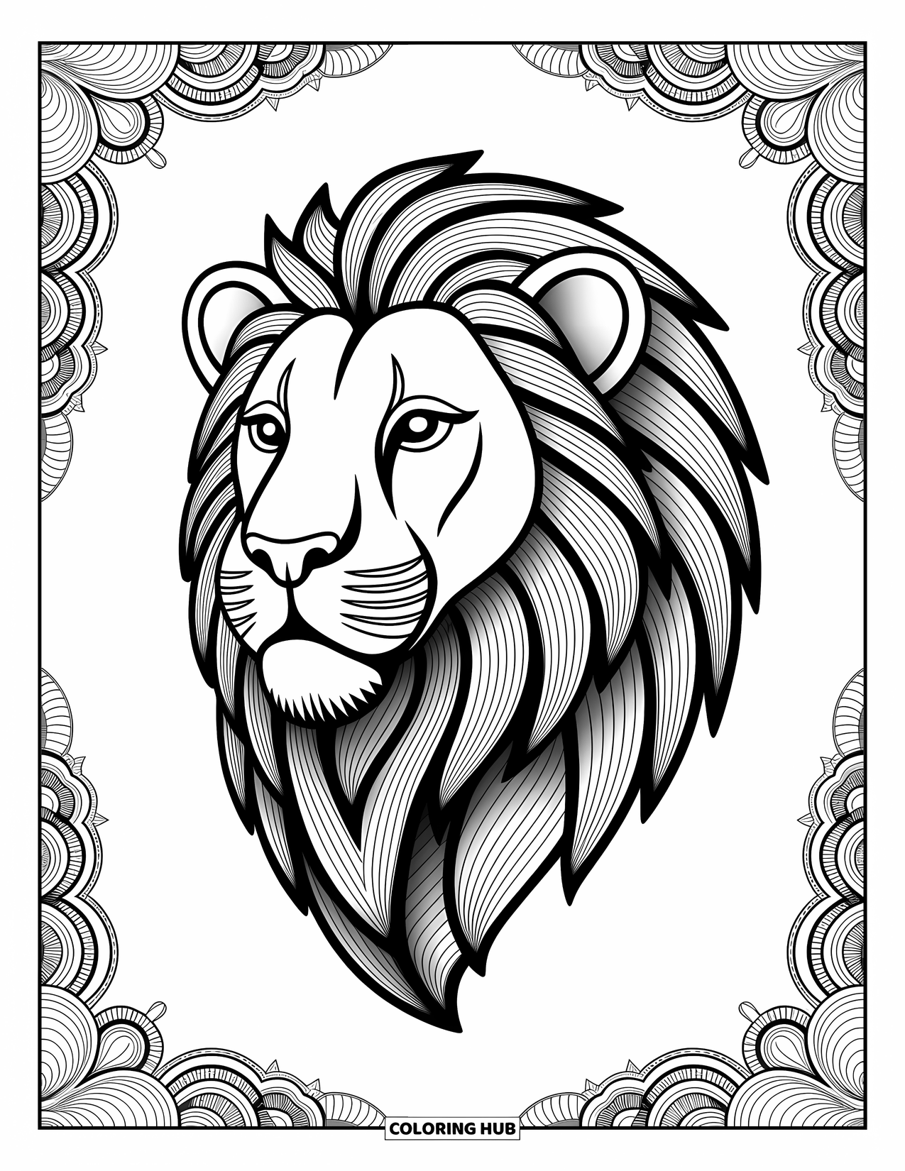 Kolorowanka z lwem dla dorosłych: Stylizowany lew z grzywą z piór otoczony jest delikatnymi, artystycznymi wzorami