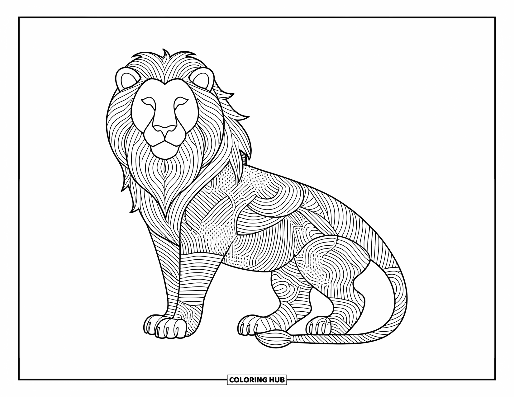 Kolorowanka z lwem dla dorosłych: Stylizowany lew z powiewającą grzywą ozdobiony jest delikatnymi i hipnotyzującymi detalami