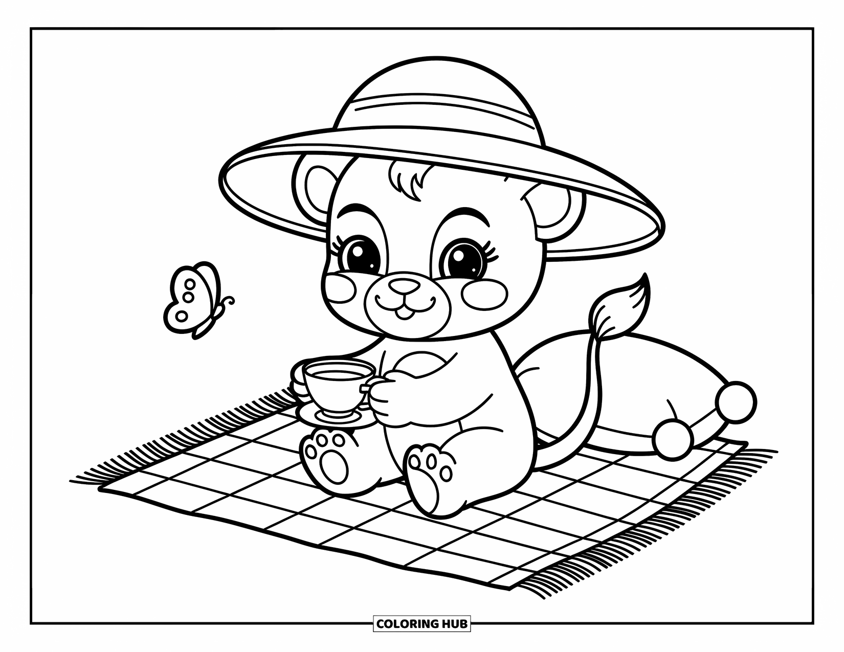 Kolorowanka z lwem dla dorosłych: Maleńki lew cieszy się spokojnym piknikiem, a jego ogon zwinięty jest wokół poduszki, gdy w pobliżu trzepocze motyl