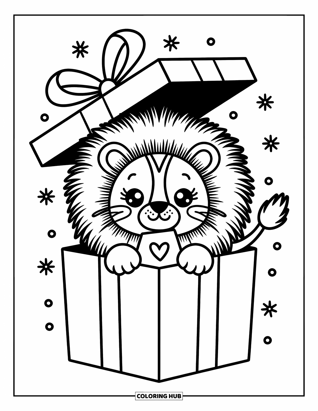Kolorowanka z lwem dla dorosłych: Maleńki lew siedzi wewnątrz gigantycznego pudełka na prezent, trzymając w łapach małą notatkę w kształcie serca w świątecznej scenerii