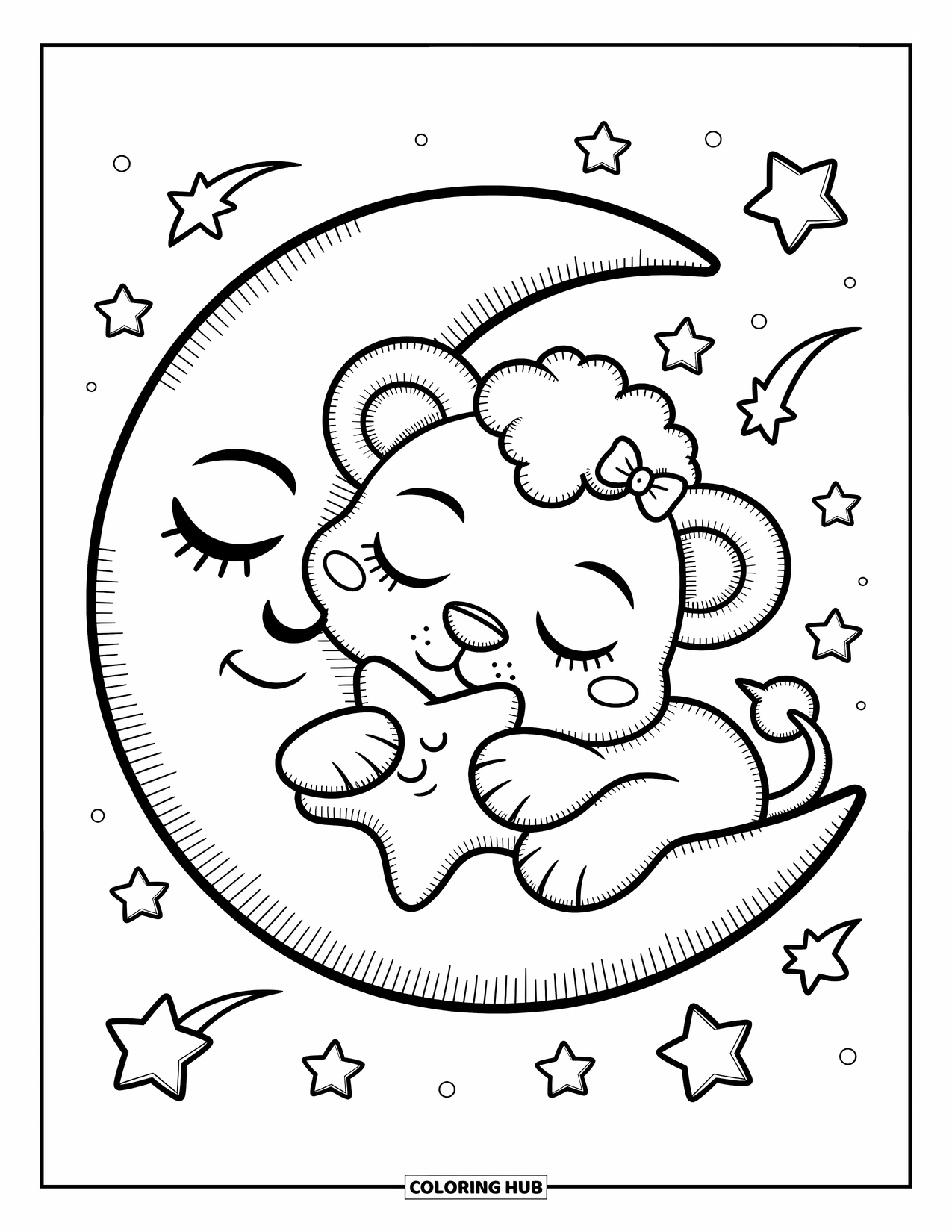 Kolorowanka z lwem dla dorosłych: Maleńki lew z przekrzywioną koroną stoi na chmurze, tworząc unoszące się iskierki za pomocą różdżki zakończonej gwiazdą