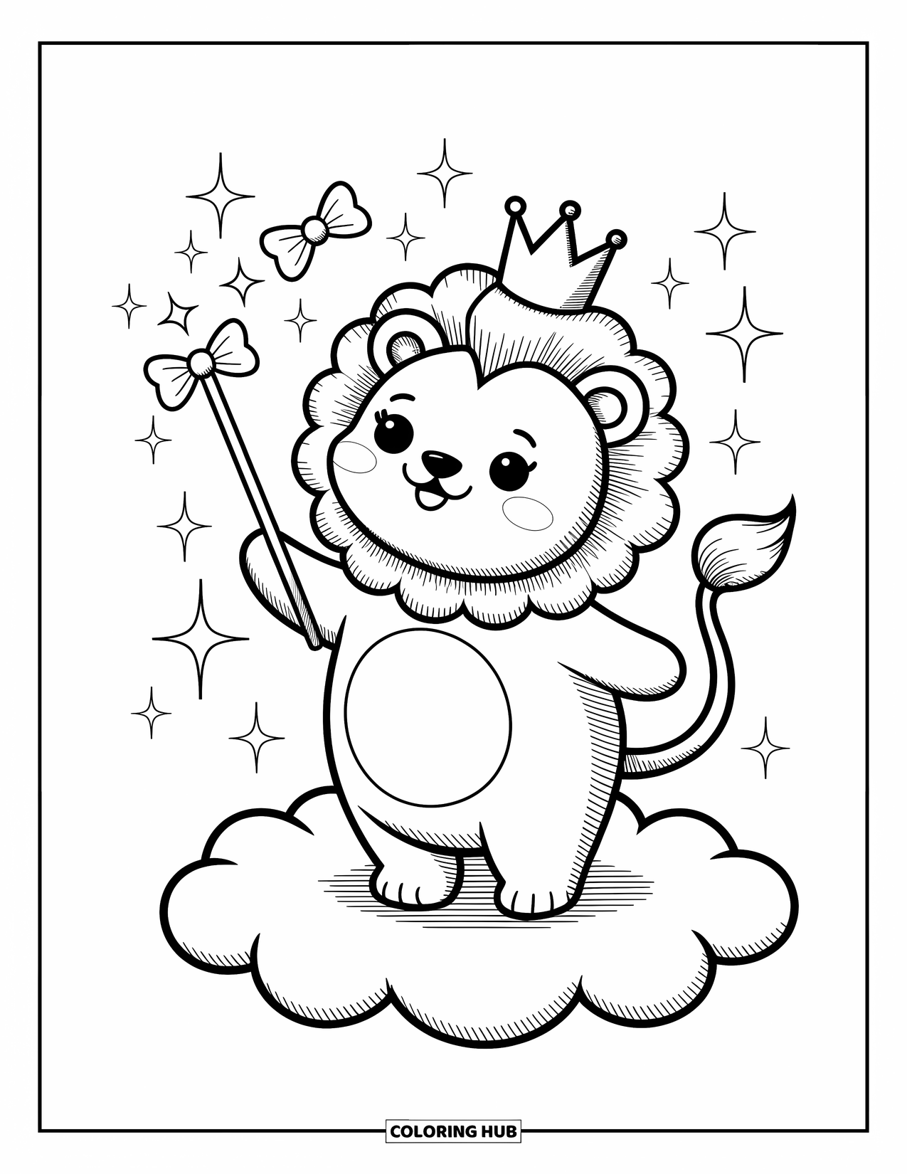 Kolorowanka z lwem dla dorosłych: Maleńki lew z przekrzywioną koroną stoi na chmurze, machając magiczną różdżką, aby tworzyć unoszące się gwiazdy