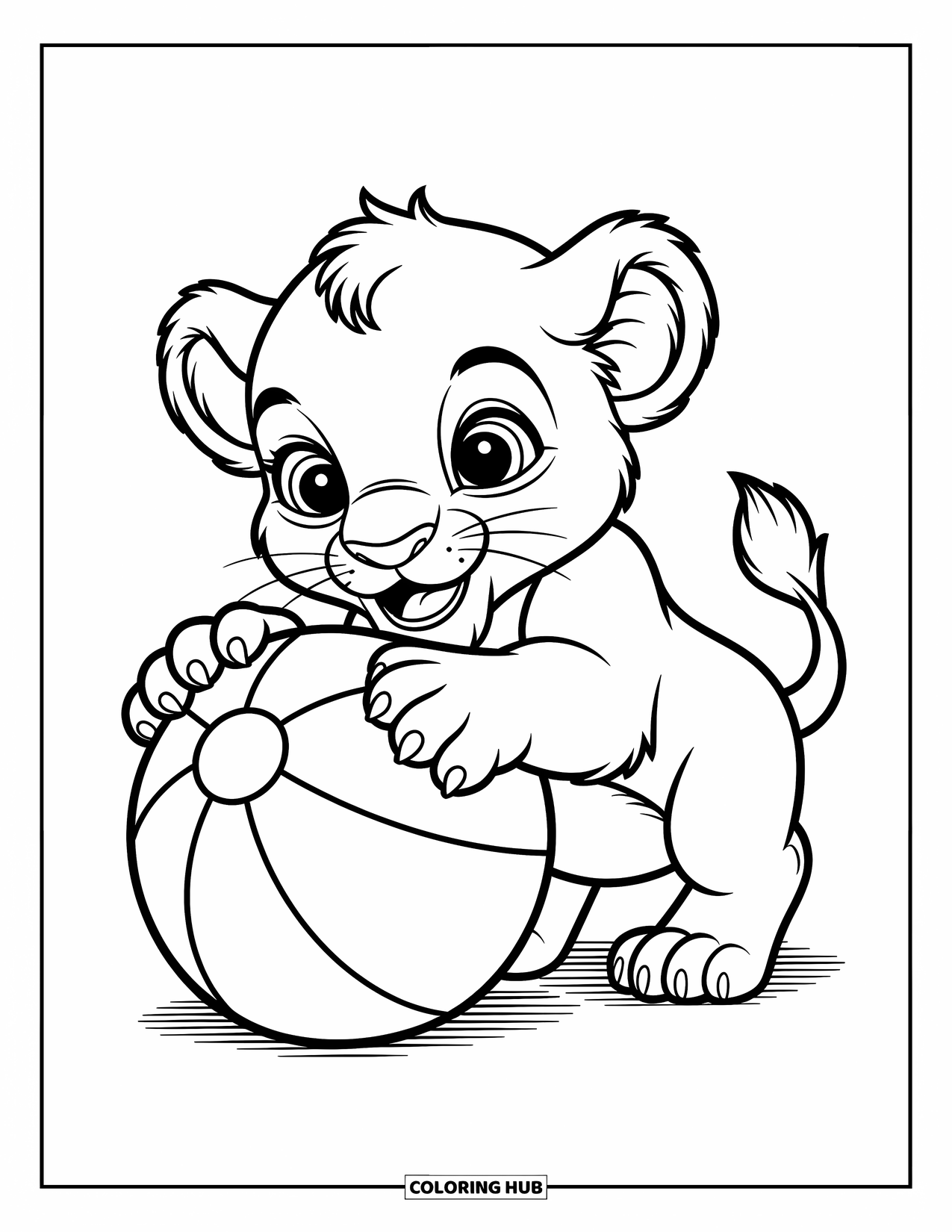 Kolorowanka z lwem dla dzieci: Mały lew trzyma piłkę, a jego szeroko otwarte oczy są pełne podekscytowania i ciekawości