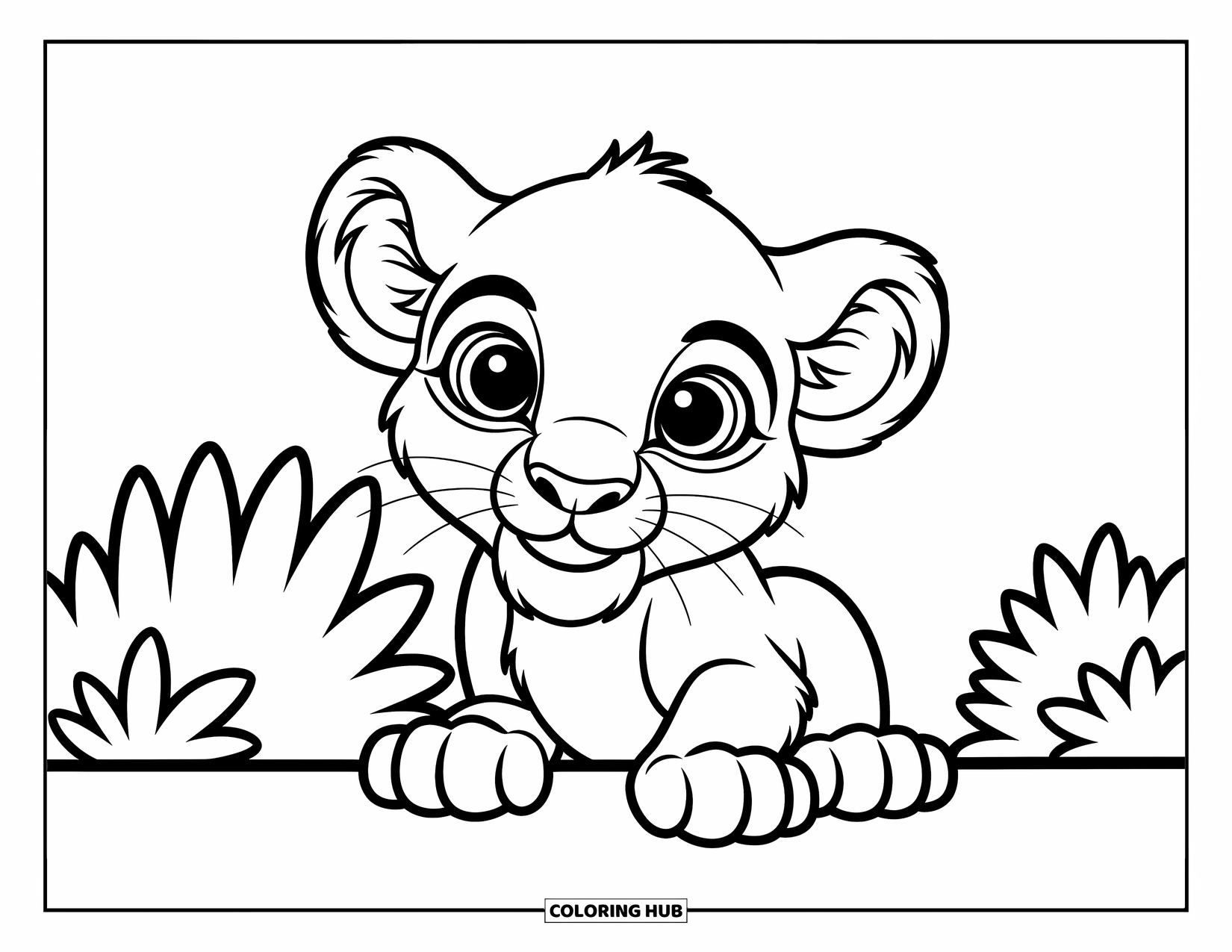 Kolorowanka z lwem dla dzieci: Małe lwiątko wygląda zza krzaka, a jego duże oczy są pełne figlarnej ciekawości