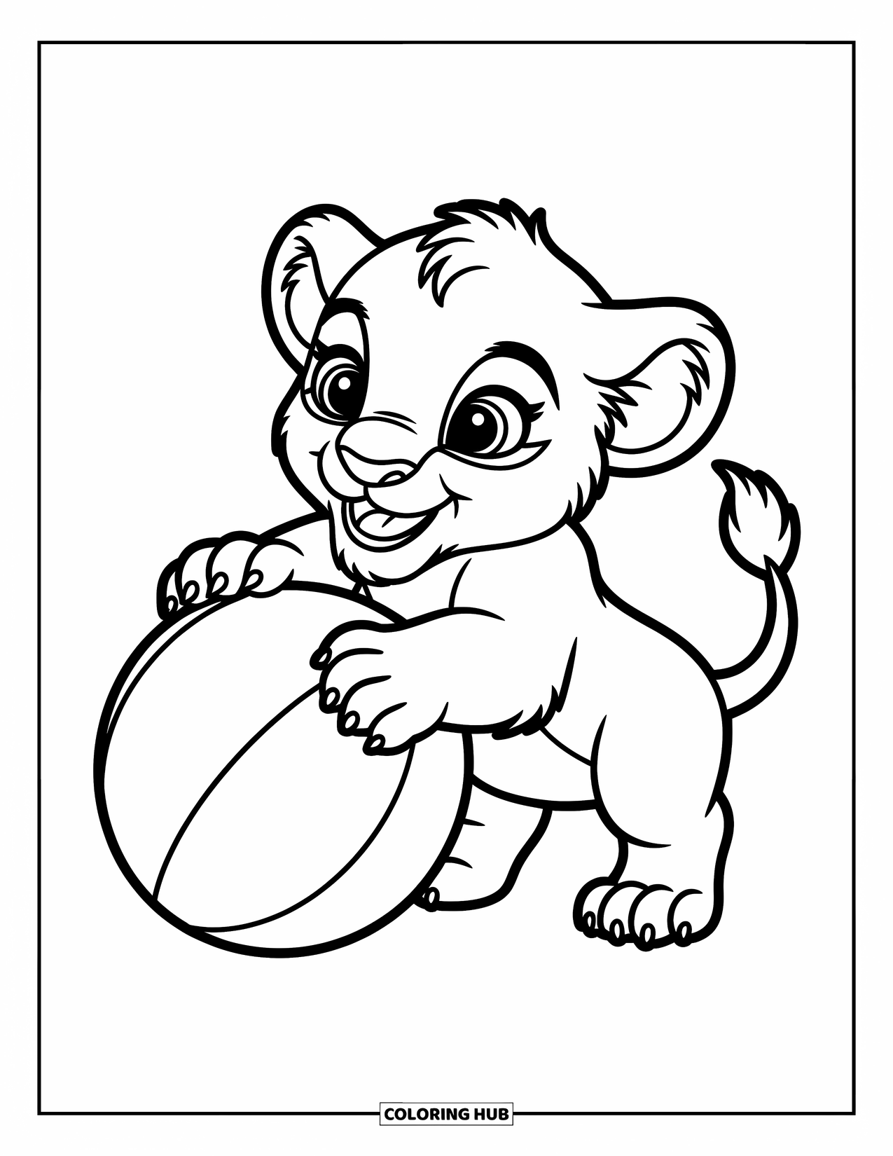 Kolorowanka z lwem dla dzieci: Małe lwiątko figlarnie trzyma dużą piłkę, a jego maleńkie łapki są owinięte wokół niej z ekscytacją
