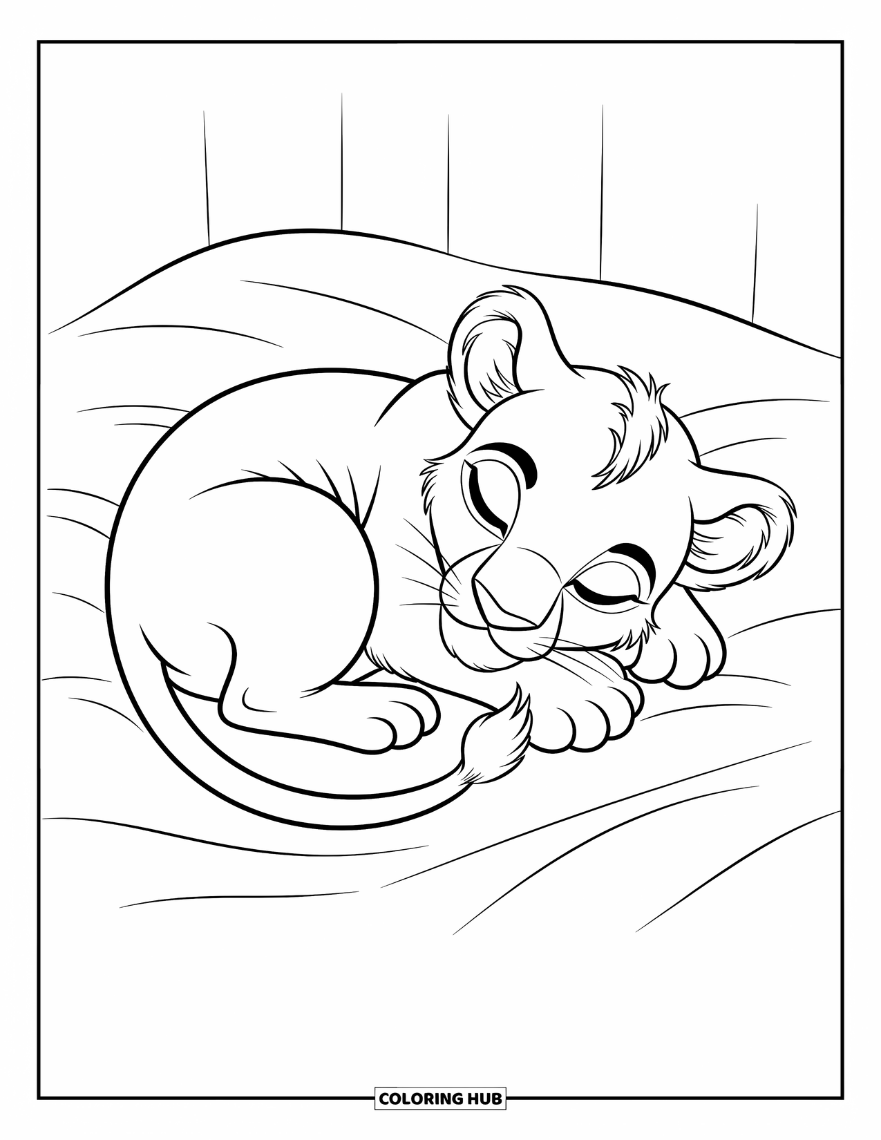 Kolorowanka z lwem dla dzieci: Małe lwiątko śpi spokojnie, a jego ogon jest schowany blisko w ciepłej, spokojnej pozie