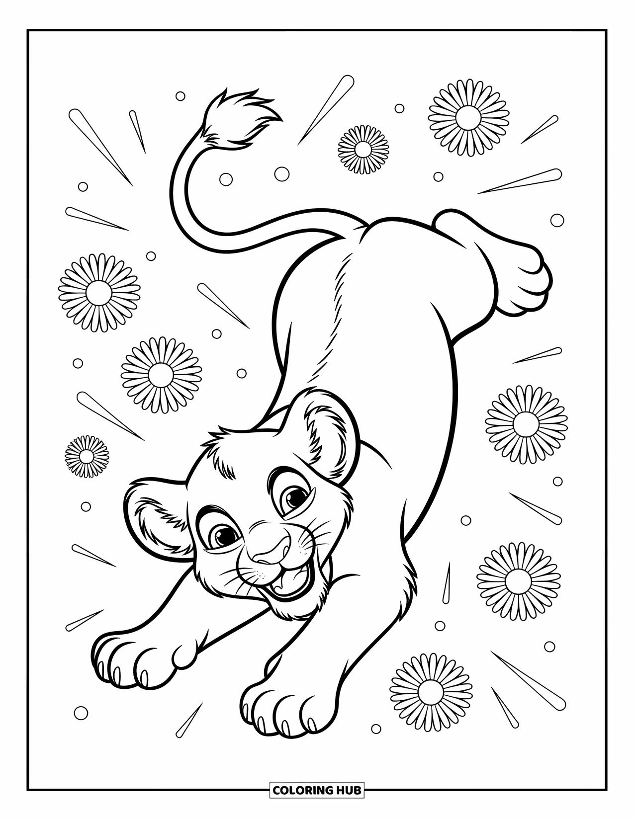 Kolorowanka z lwem dla dzieci: Wesoły lwiątko turla się na plecach, otoczony prostymi kwiatami i miękką trawą