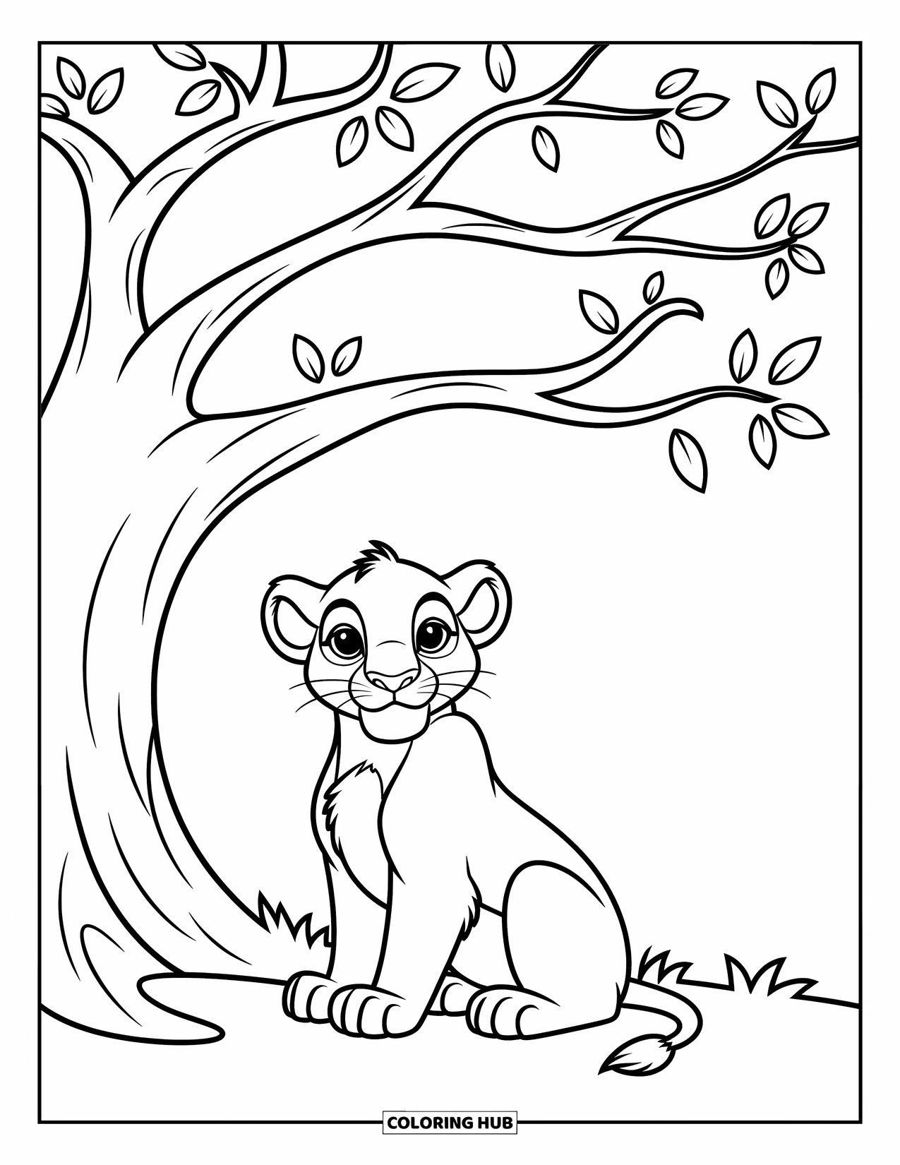 Kolorowanka z lwem dla dzieci: Radosny lew odpoczywa pod dużym drzewem, otoczony prostymi liśćmi i delikatnymi gałęziami