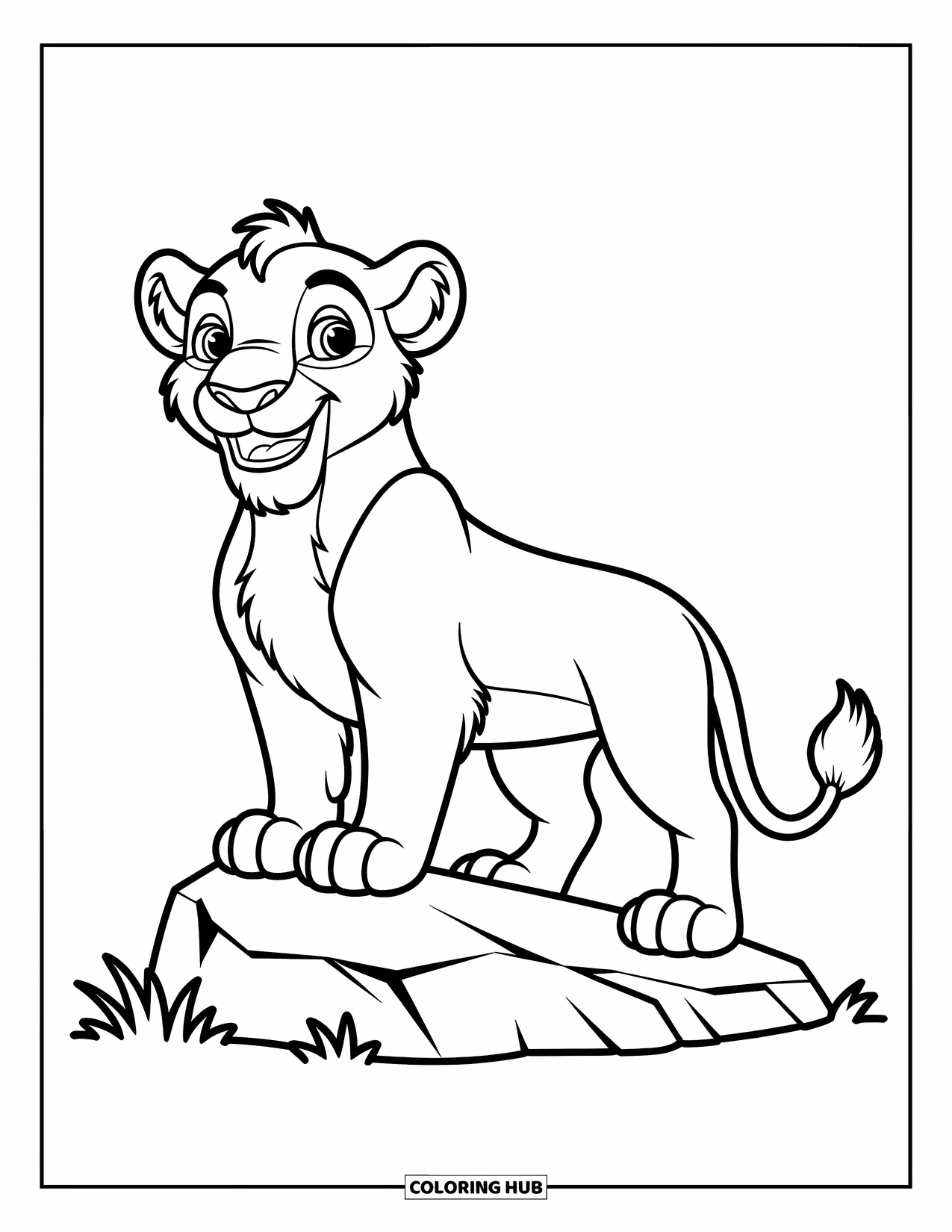 Kolorowanka z lwem dla dzieci: Radosny lew stoi dumnie na skale, a jego figlarna postawa jest pełna energii