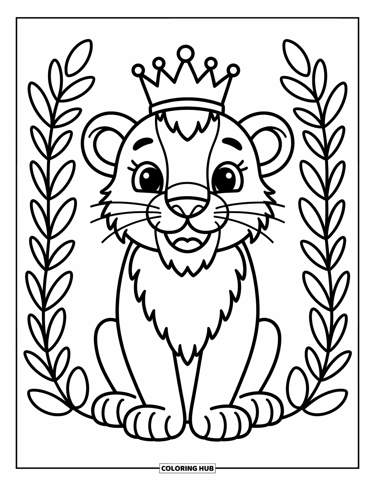 Kolorowanka z lwem dla dzieci: Wesoły lew z maleńką koroną uśmiecha się, a jego grzywa faluje miękkimi, figlarnymi falami
