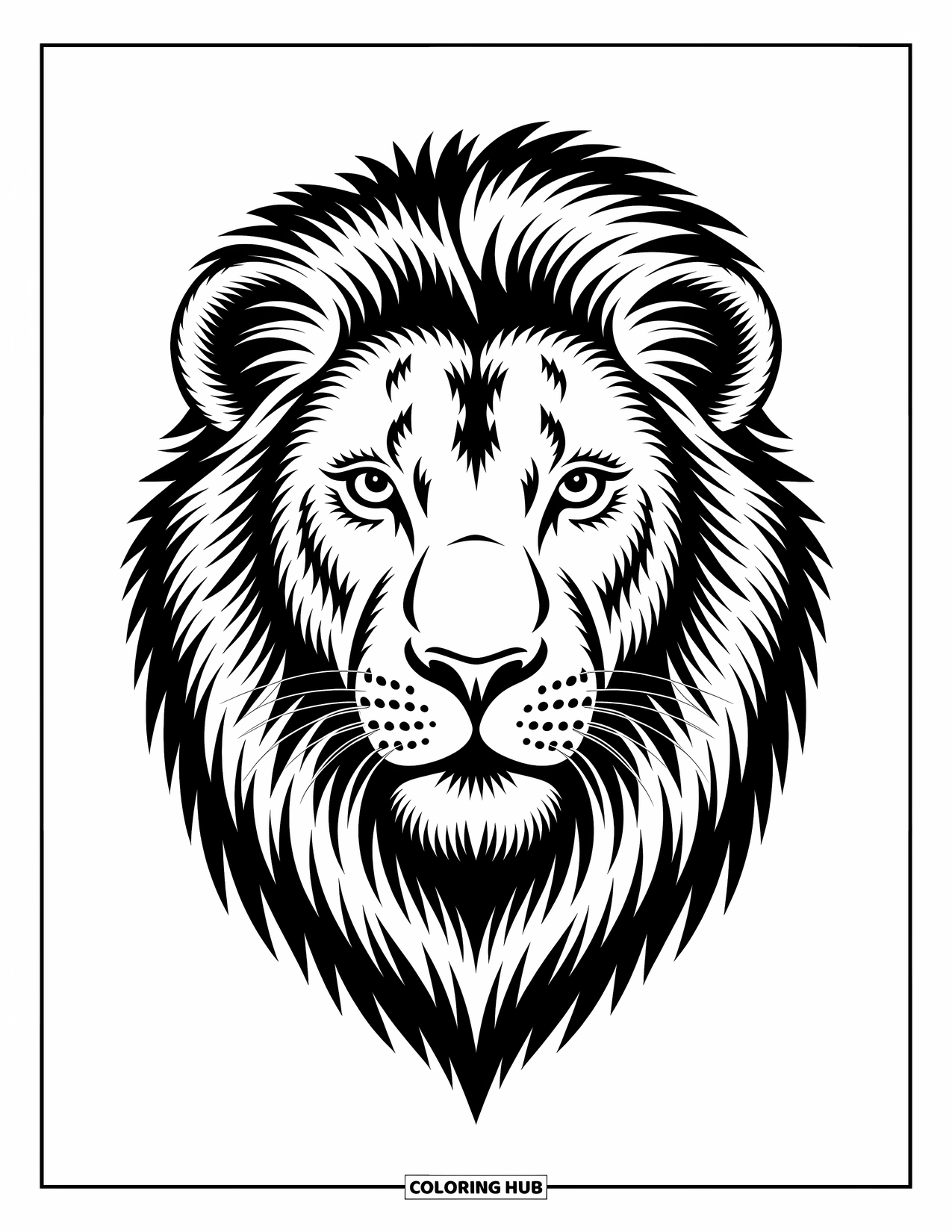 Kolorowanka z lwem dla dzieci: Zbliżenie twarzy lwa, a jego przeszywające oczy i powiewająca grzywa są pełne mocy