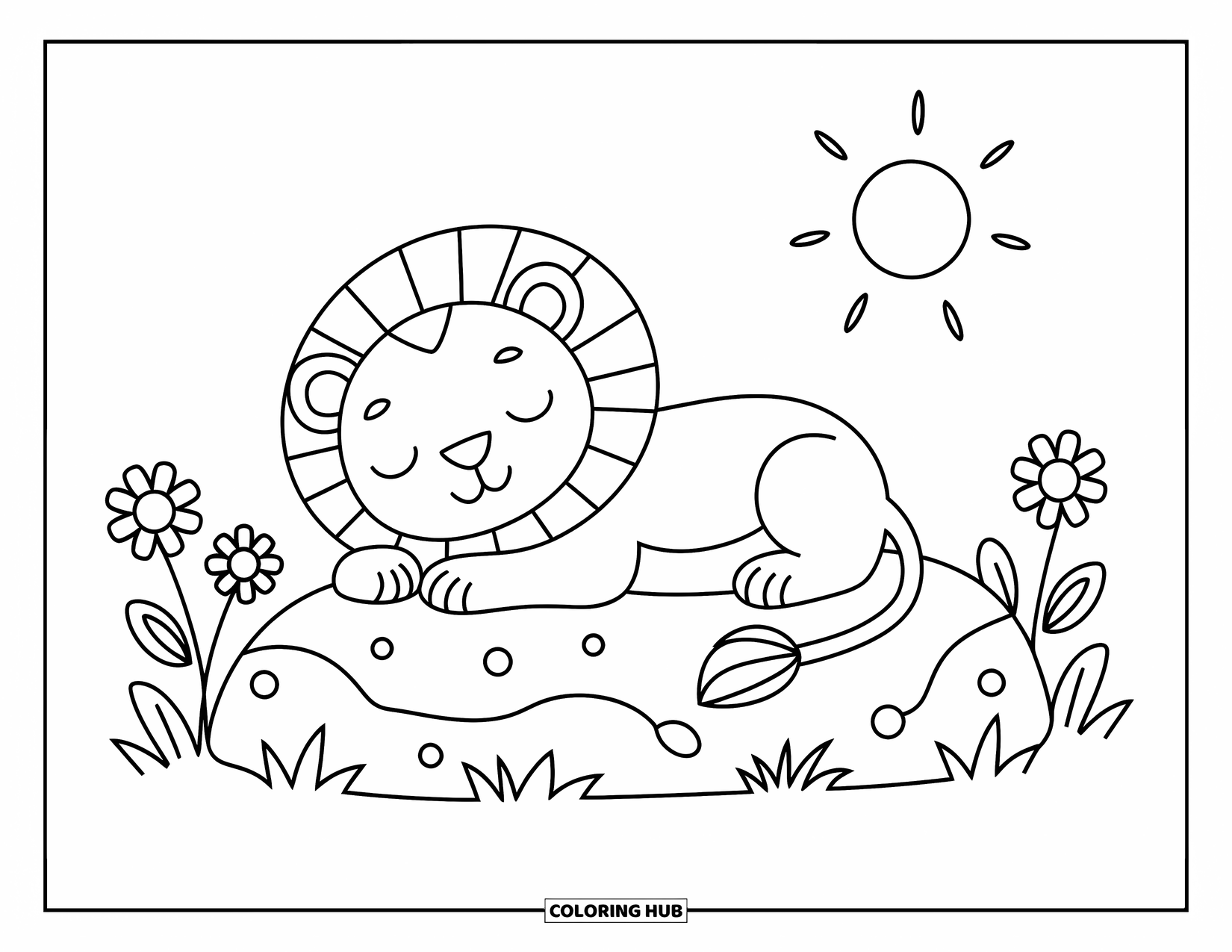 Kolorowanka z lwem dla dzieci: Zadowolony lew odpoczywa na skale, a jego oczy są zamknięte w chwili czystego spokoju