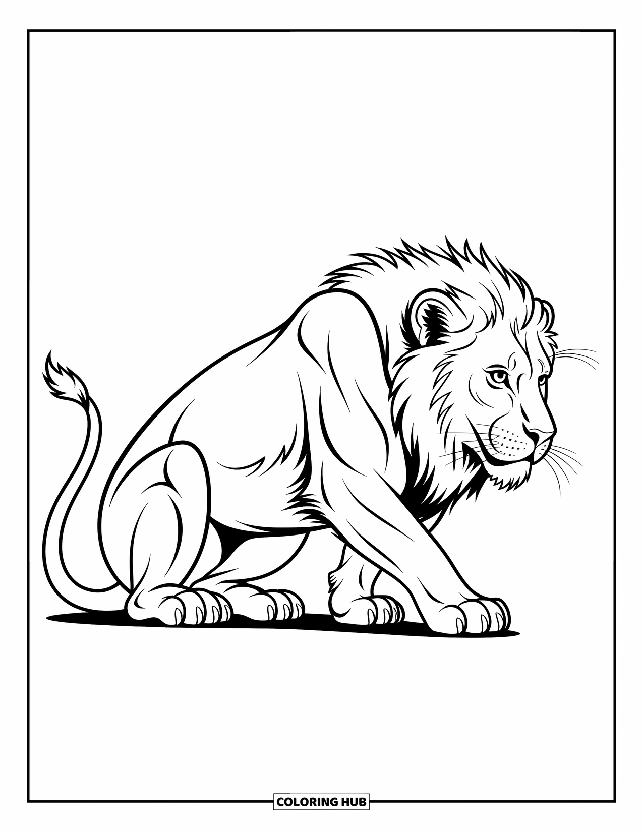 Kolorowanka z lwem dla dzieci: Przyczajony lew, z napiętymi mięśniami, przekazuje surową moc i ruch w odważnym, ekspresyjnym projekcie
