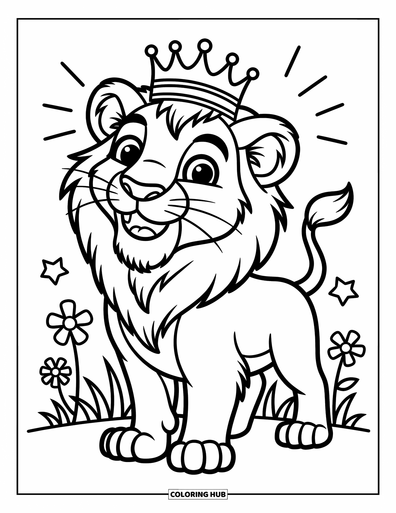 Kolorowanka z lwem dla dzieci: Ukoronowany lew promienieje dumą, otoczony delikatnymi kwiatami i promieniami słońca