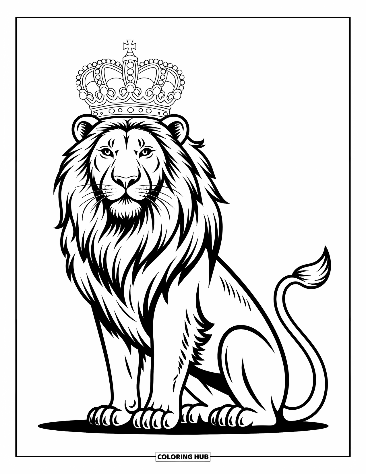 Kolorowanka z lwem dla dzieci: Ukoronowany lew siedzi z dumą, a jego spojrzenie jest pewne i władcze