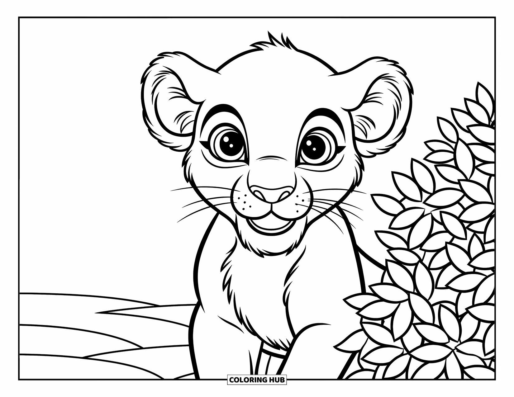 Kolorowanka z lwem dla dzieci: Ciekawe lwiątko chowa się za krzakiem, a jego szeroko otwarte oczy błyszczą ekscytacją