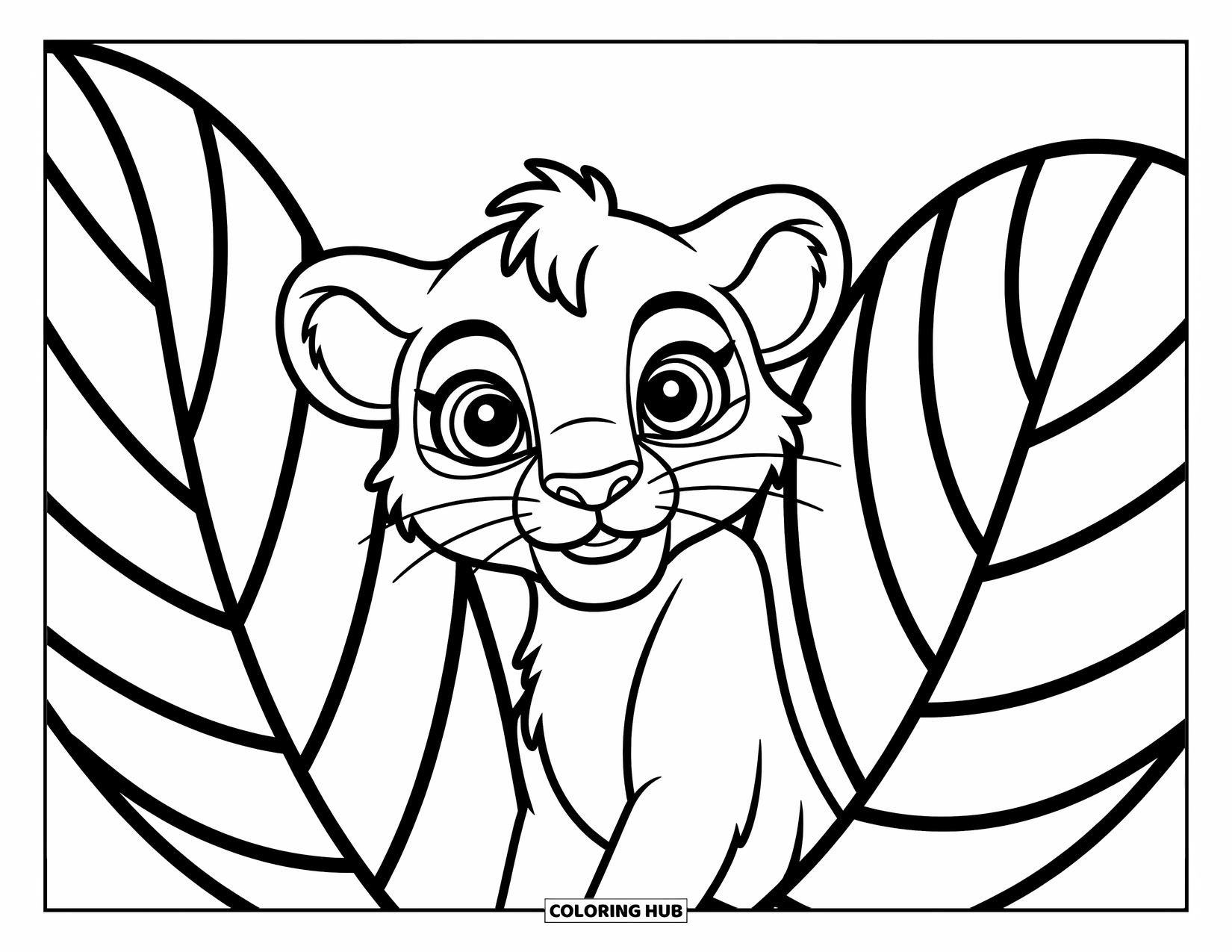 Kolorowanka z lwem dla dzieci: Ciekawe lwiątko wygląda zza liścia, a jego okrągłe oczy są szeroko otwarte z zachwytu